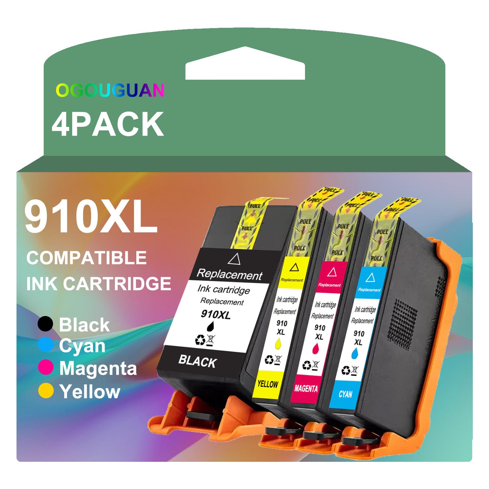 HP 910XL Ink Cartridges Replacement - 4 Combo Pack (1 Black, 1 Cyan, 1 Magenta, 1 Yellow) - Compatible with OfficeJet Pro 8020 8010 8025 8028 8035 8015 Printers - High Yield Printing for Home Office & Small Business Documents