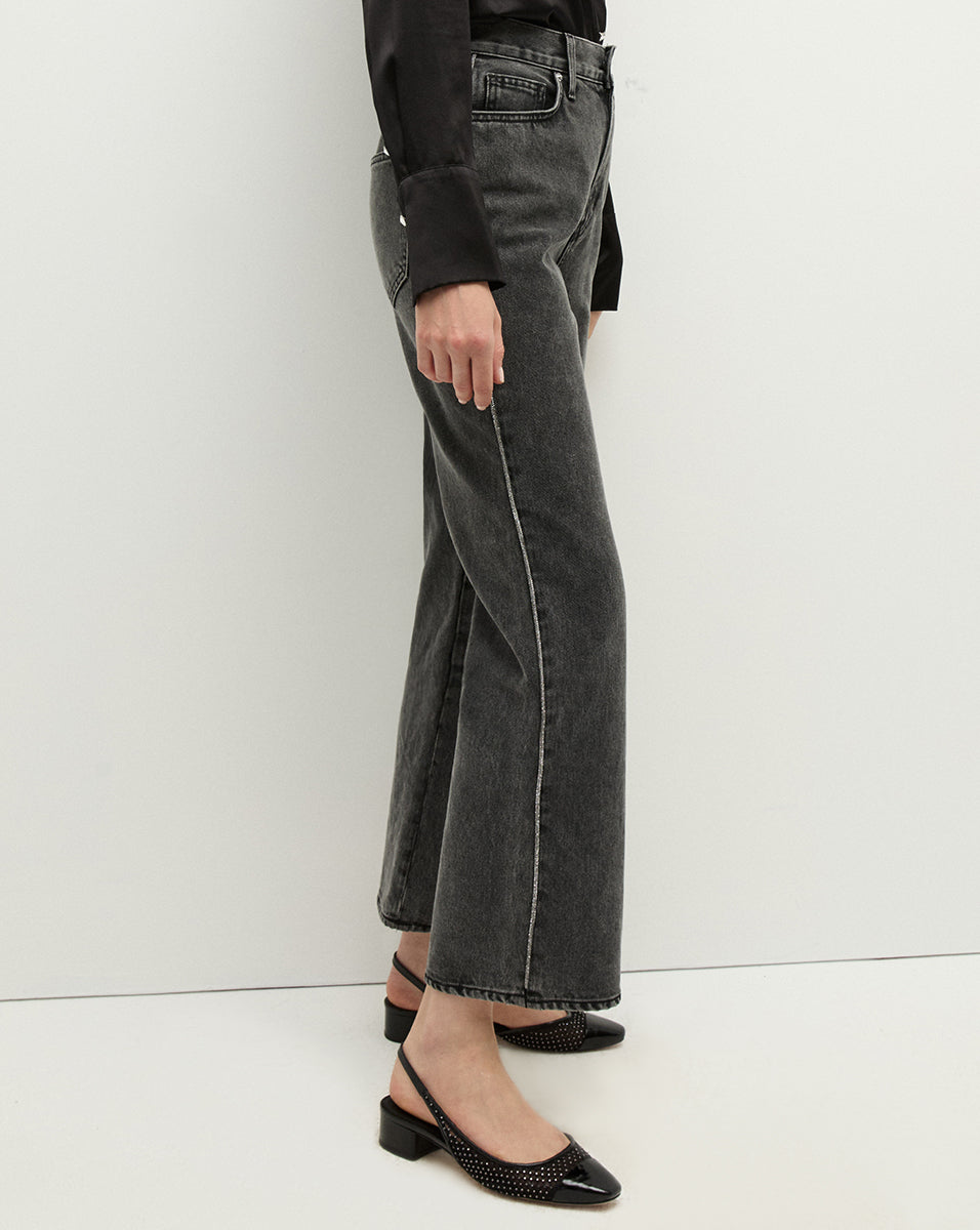 Dylan Rhinestone Stripe Straight Leg Jeans for Women - Trendy High Waist Stretch Denim Pants for Casual Wear & Night Out