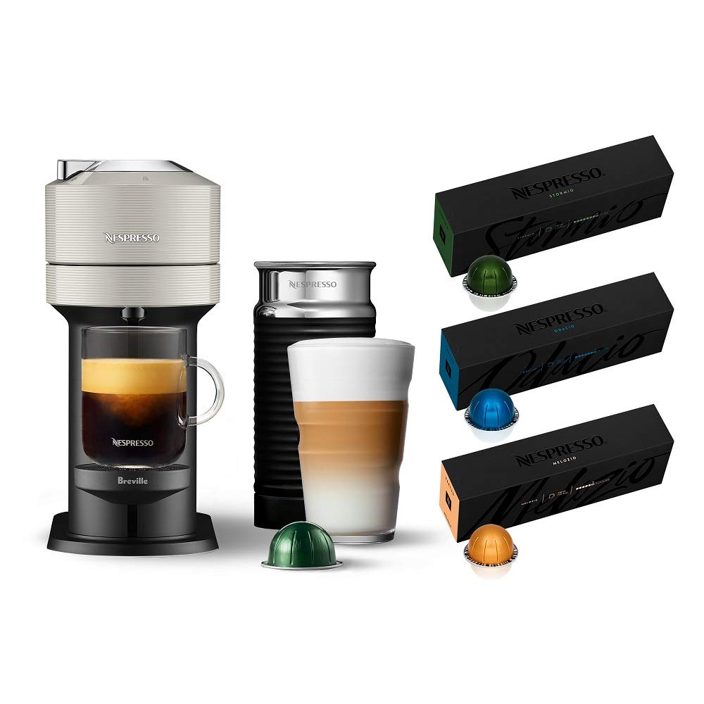Nespresso Vertuo Next Coffee Machine with Aeroccino - Light Grey, 30 Pods for Home & Office