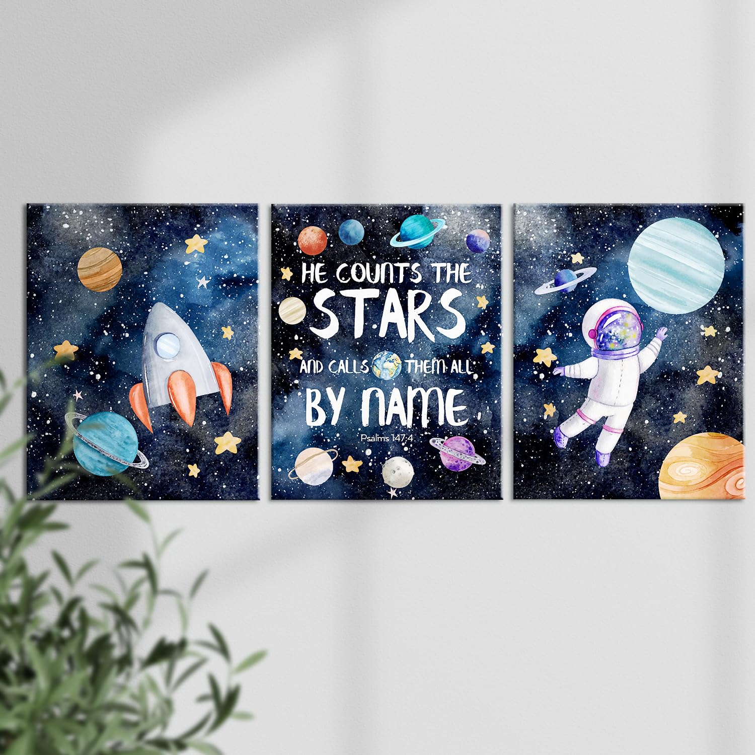 Outer Space Wall Art Decor for Boys Room - 3 Piece Christian Posters Set (12x15 Inches) - Perfect for Nursery, Bedroom & Playroom - Space Themed Kids Room Decor