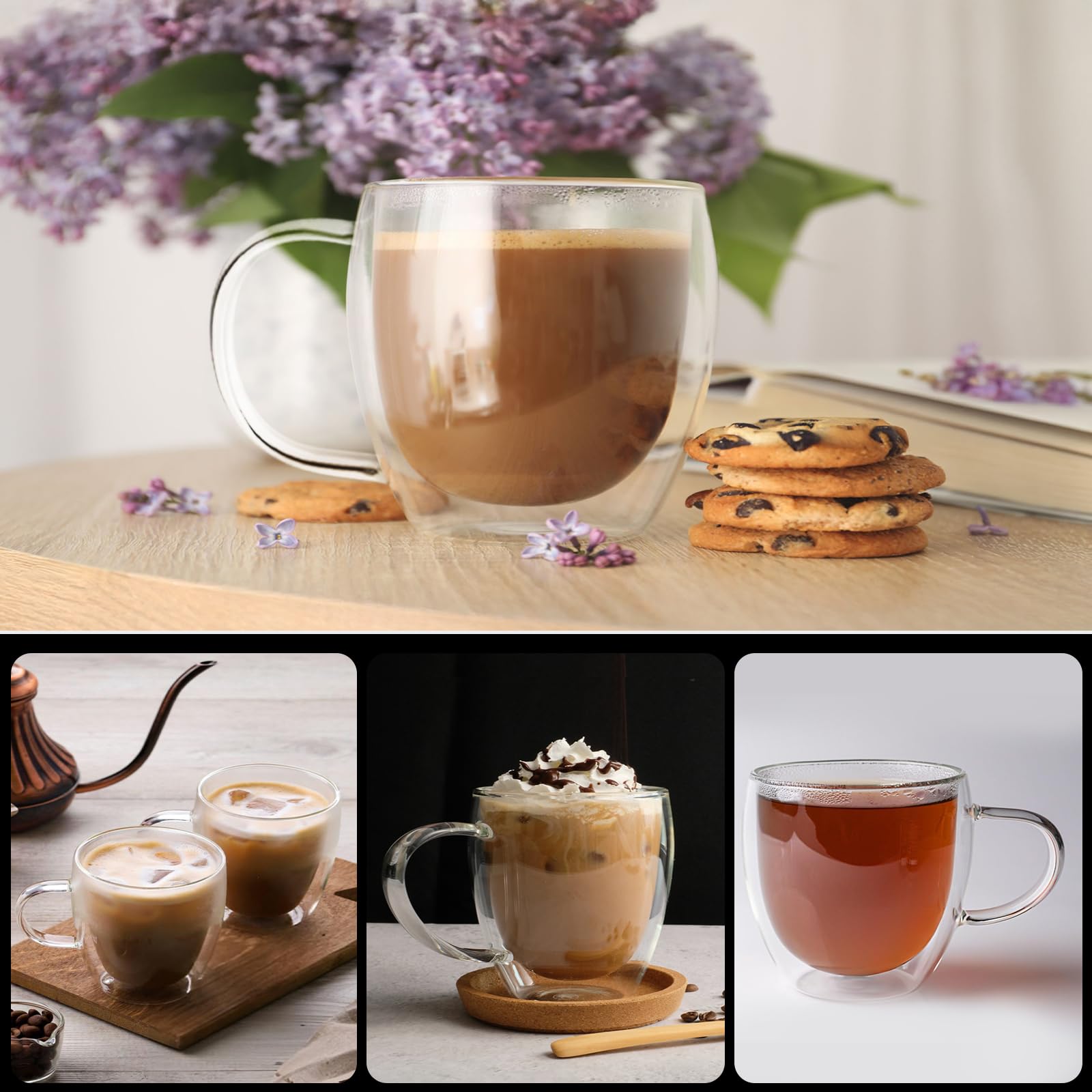 3oz Double Wall Insulated Glass Mugs - Set of 2 for Coffee, Tea, Cappuccino, Iced Coffee & Hot Beverages - Microwave & Dishwasher Safe - Perfect for Home, Office & Outdoor Use