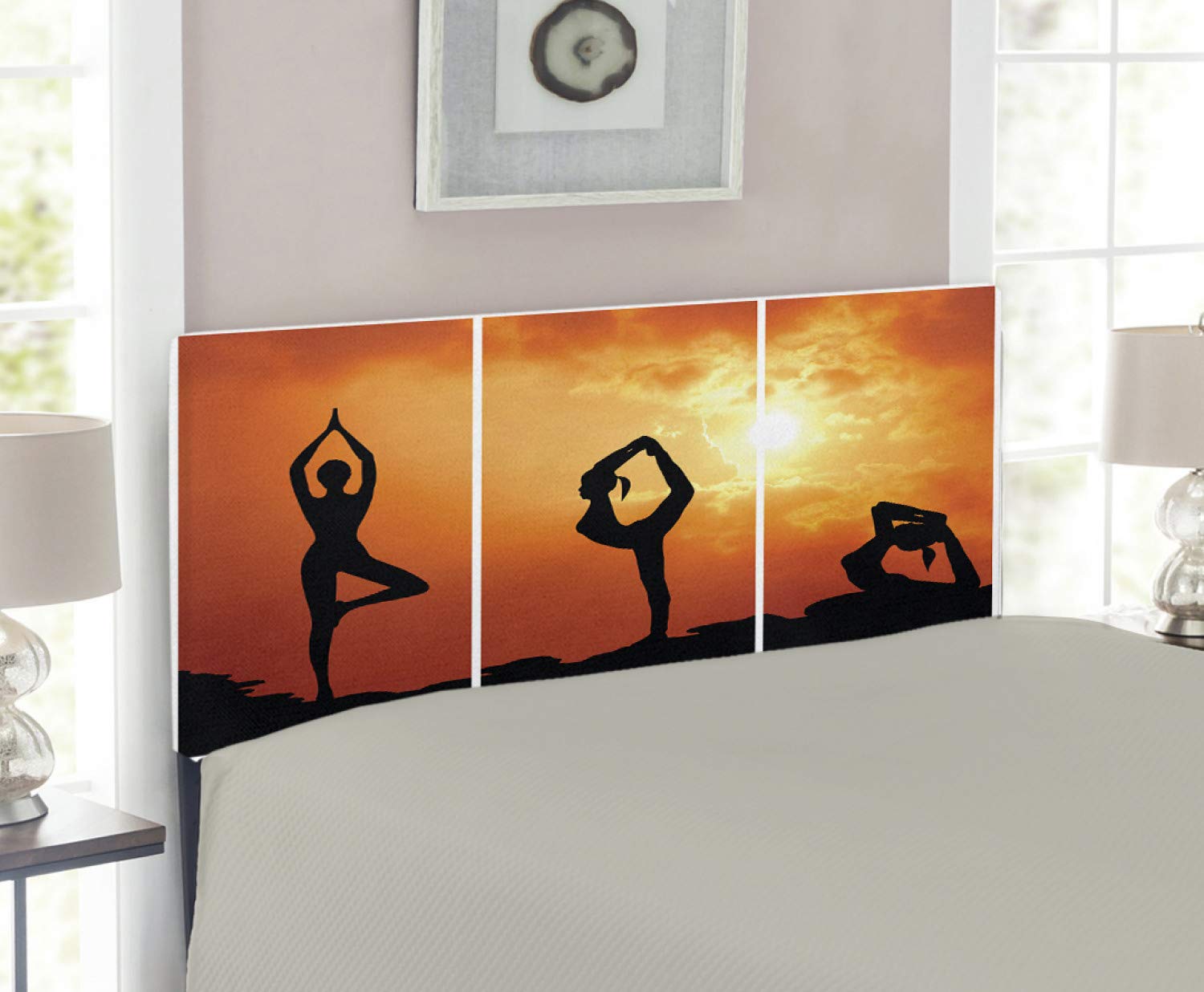 Ambesonne Yoga Headboard - Upholstered Decorative Metal Bed Headboard with Memory Foam, Twin Size, Black Orange Yellow - Perfect for Yoga Enthusiasts & Meditation Spaces, Bedroom Decor for Zen Atmosphere