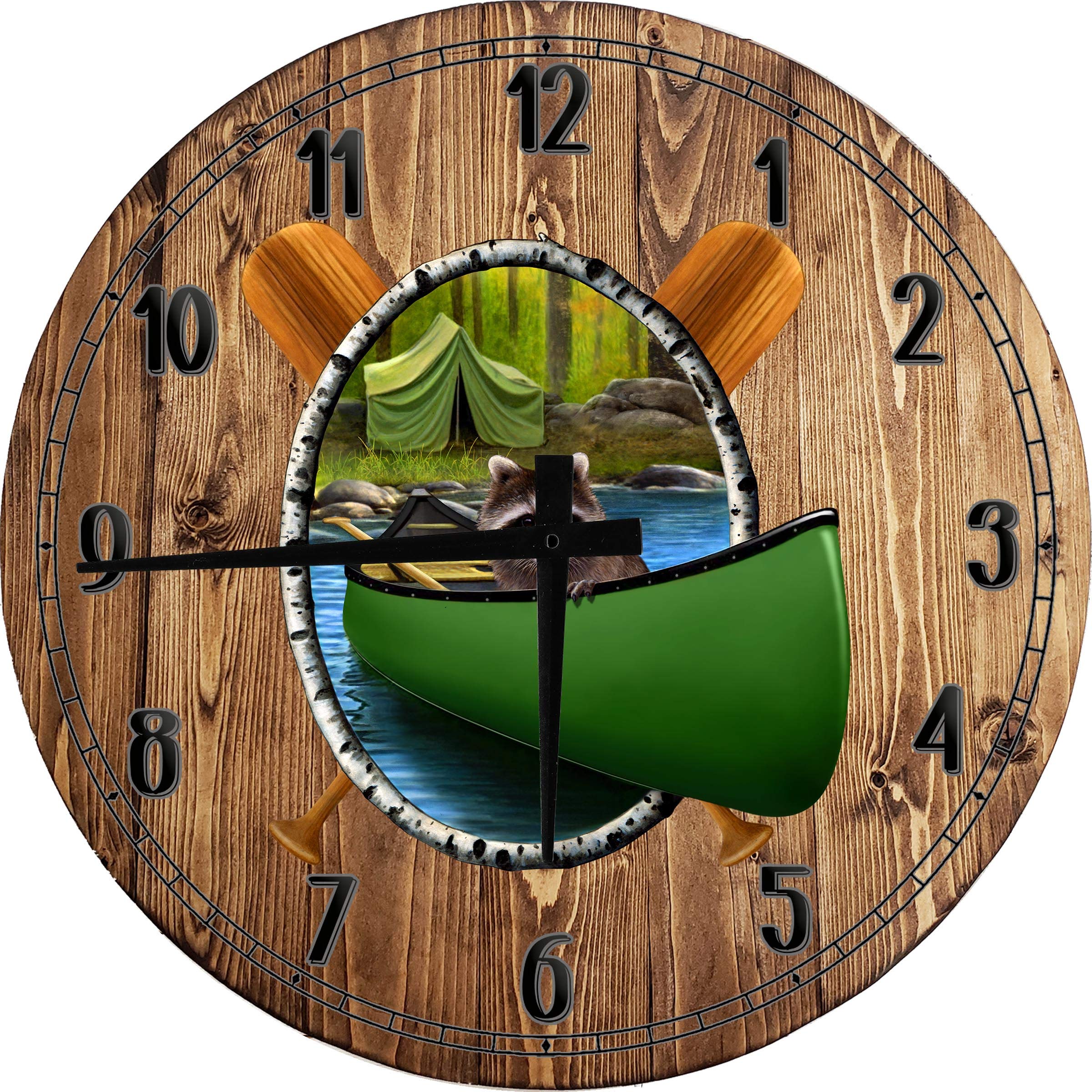24 Inch Large Round Wall Clock - Raccoon in Canoe Camping at River Lake Edge - Battery Operated Wall Art Decor for Cabin, RV & Outdoor Enthusiasts