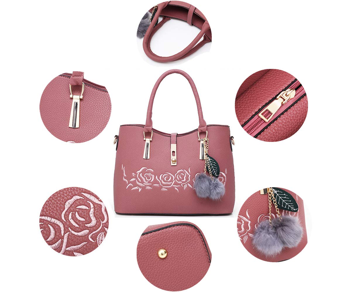 Women's PU Leather Messenger Bag with Rose Embroidery - 3 Piece Set (Tote, Crossbody Bag & Wallet) for Work, Travel & Everyday Use