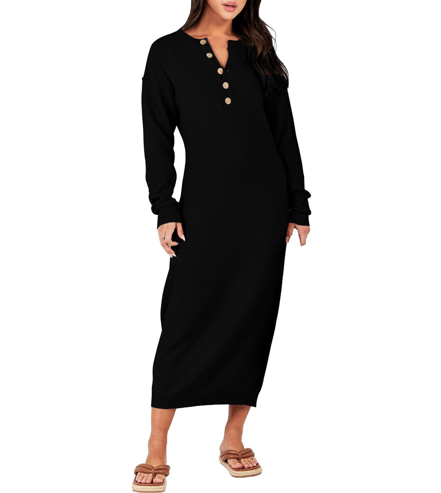 Hathne Women's Crew Neck Button Down Sweater Dress - Long Sleeve Loose Waffle Knit Pullover Maxi Dress for Casual Outfits, Fall Winter Fashion & Layering