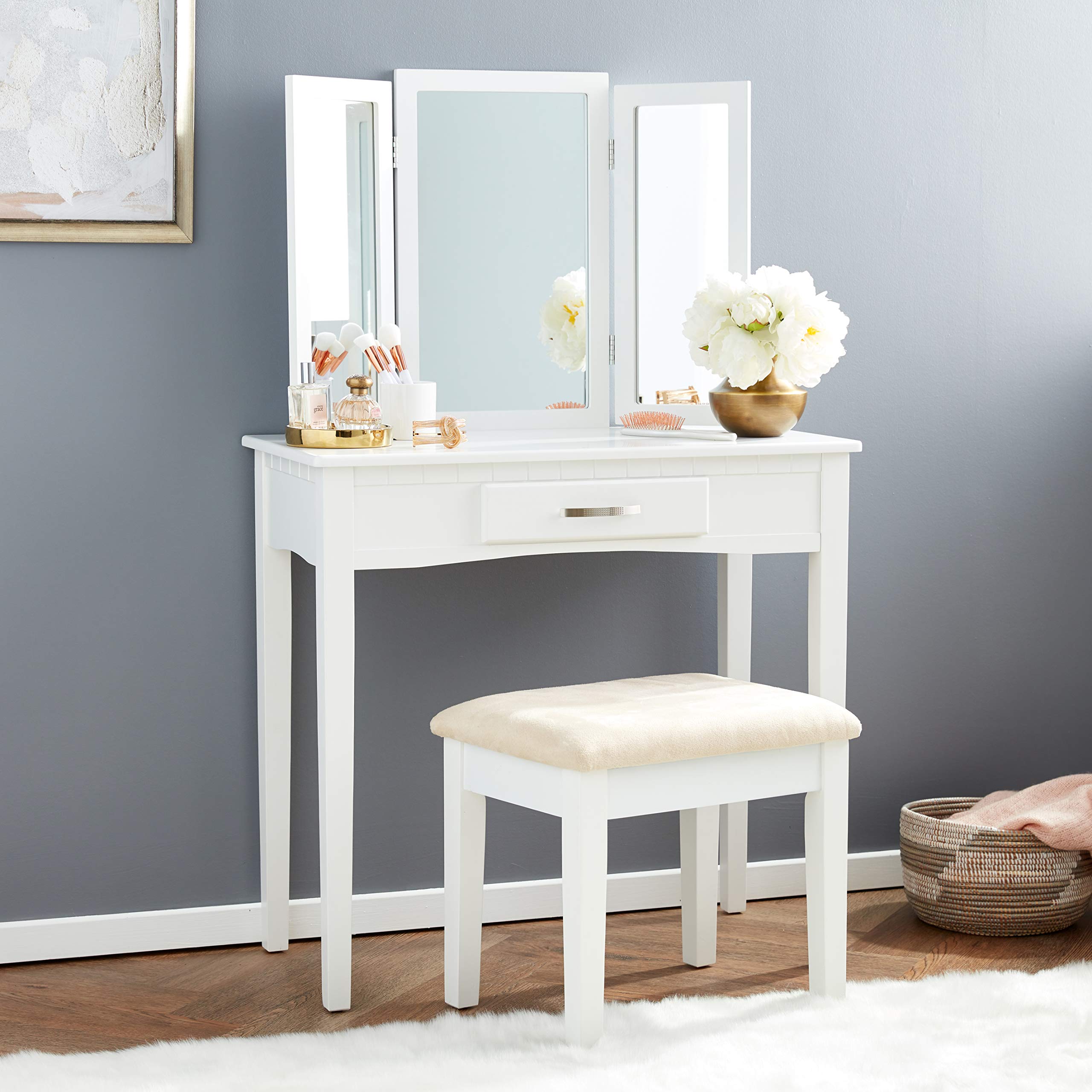 Frenchi Home Furnishing Vanity Set with Stool & Mirror - Elegant Dressing Table for Bedroom, Makeup Vanity with Storage | Perfect for Women's Beauty Routine & Bedroom Decor