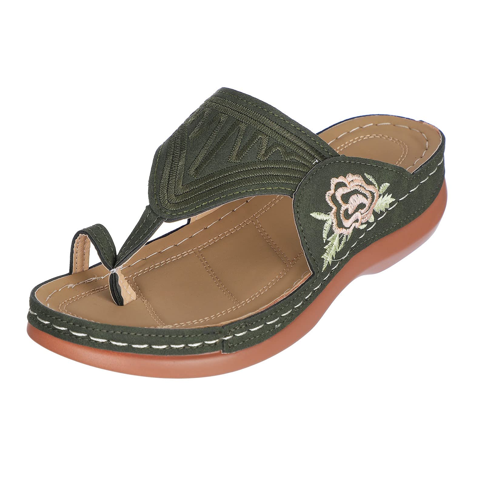 Women's Comfortable Embroidered Wedge Sandals with Size Buckle - Large Heel Clip Toe Dressy Flats for Summer, Beach, and Casual Outings