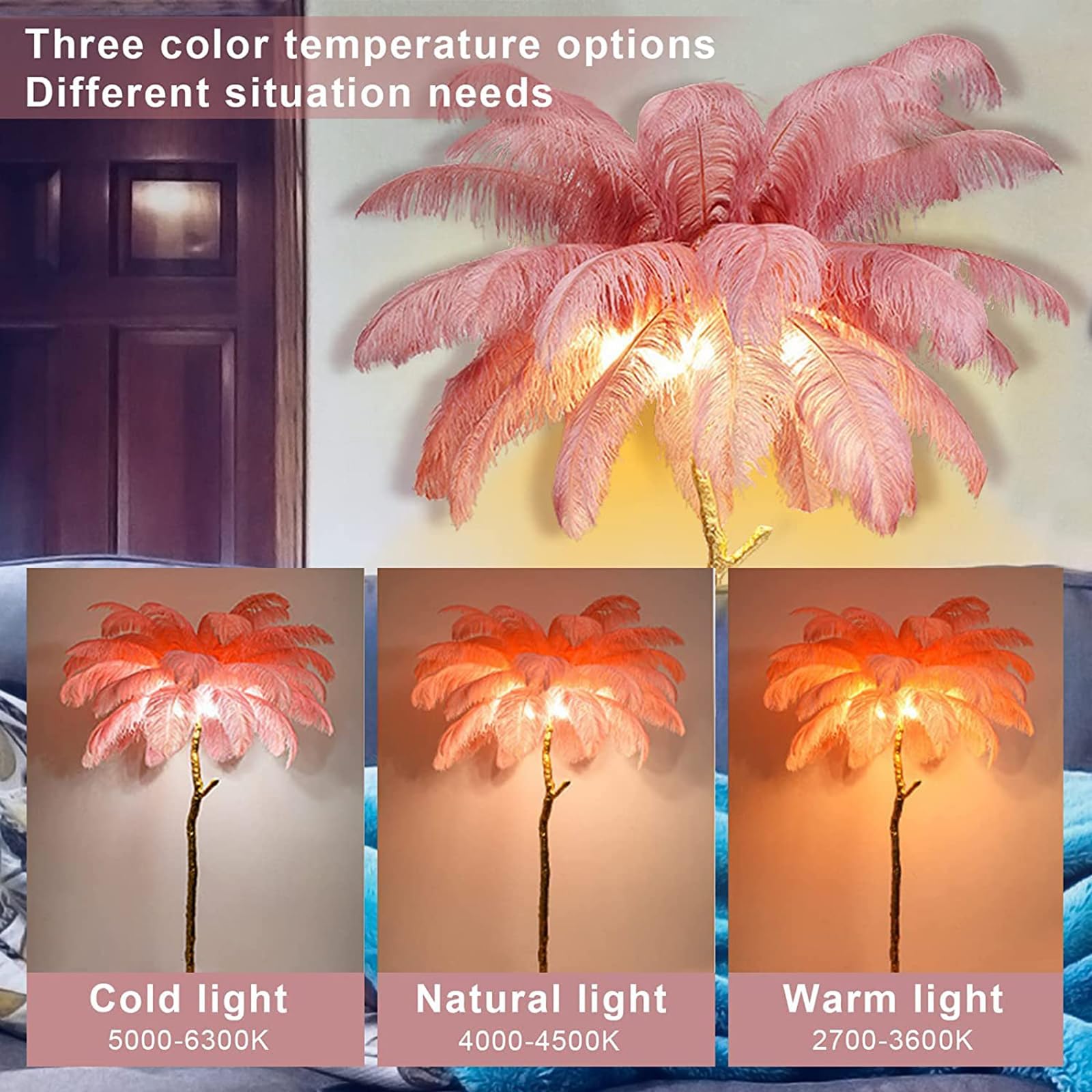 Natural Ostrich Feather Floor Lamp - Modern LED Dimmable Standing Light with Adjustable Brightness, Romantic Princess Style Bedroom Reading Lamp, Tall Corner Light for Living Room, Dining Room & Office (120cm, Pink) | Perfect for Cozy Nights, Home Decor & Ambient Lighting