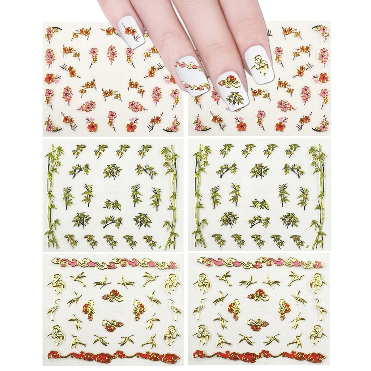 ALLYDREW Self-Adhesive 3D Nail Art Stickers - Cherry Blossom, Bamboo & Crane Designs (6 Sheets/3 Patterns) for Manicure, Nail Decoration & DIY Nail Art - Perfect for Parties, Weddings & Special Occasions