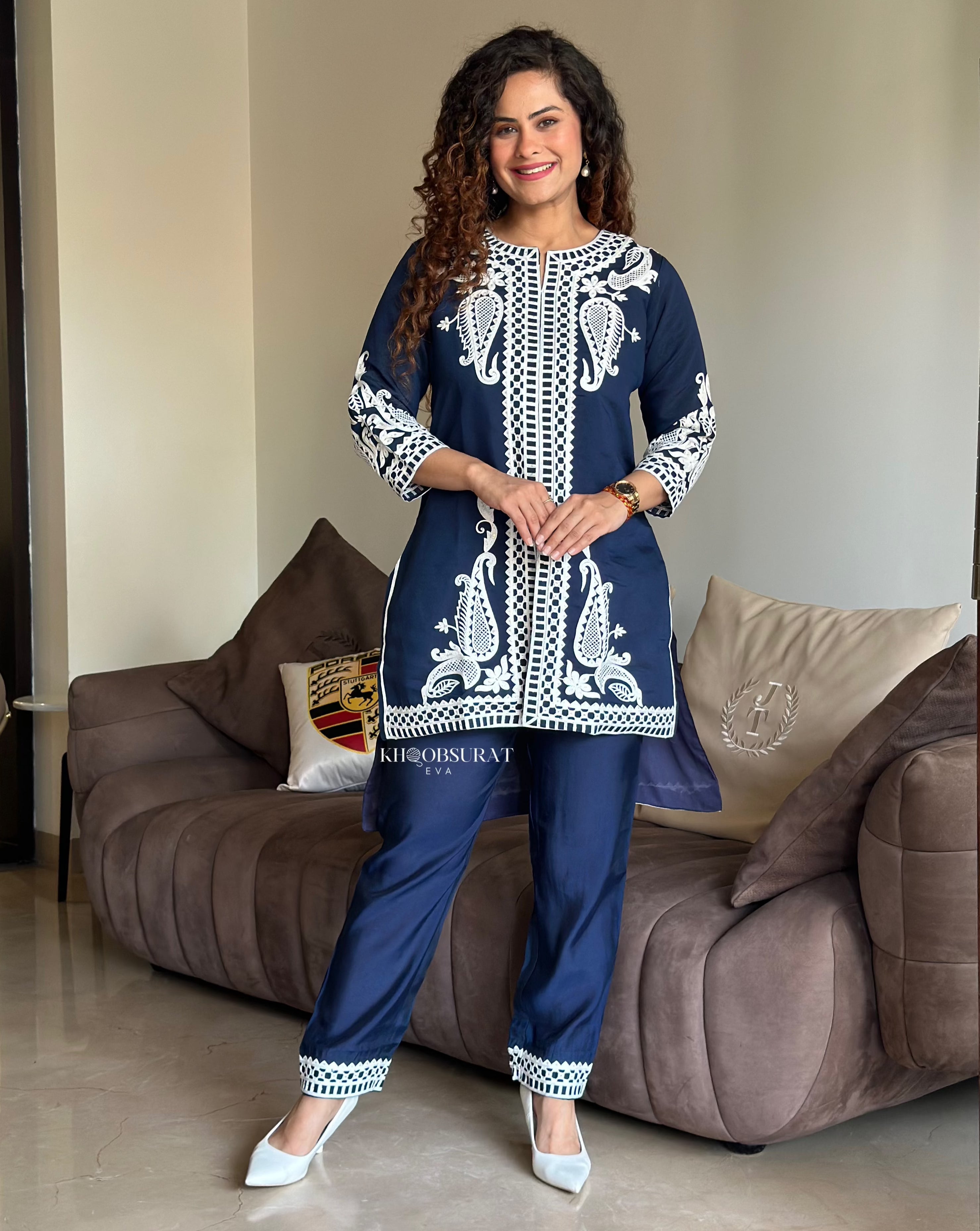 Sapphire Stitch Embroidered Blue Matching Outfit Set for Women - Elegant Lounge Wear & Casual Date Night Outfits