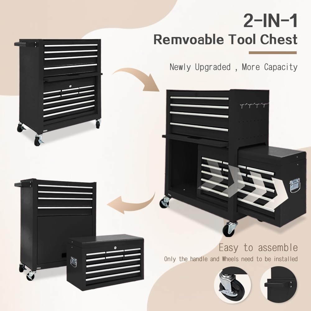 13-Drawer Rolling Tool Chest with Detachable Toolbox - Heavy Duty Metal Tool Storage Cabinet with Sliding Drawers for Garage, Workshop & Mechanic Tools Organization (Black) - Perfect for Automotive Repair, DIY Projects & Professional Workspaces