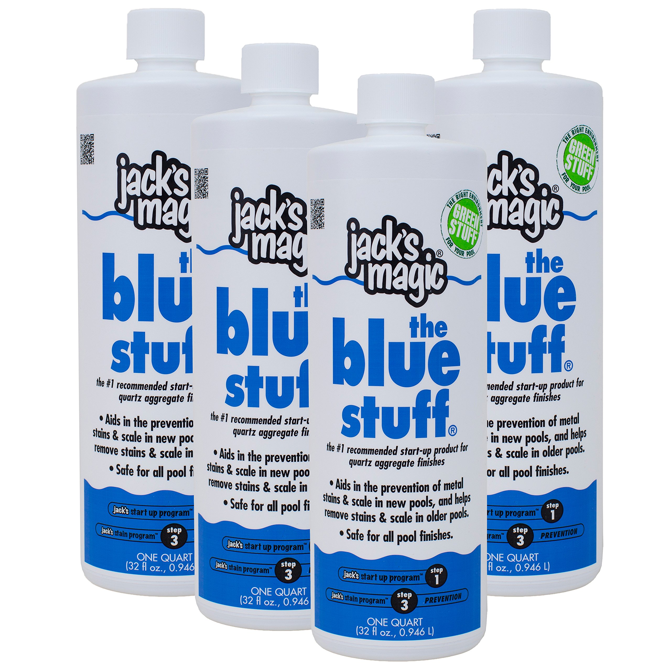 Jack's Magic The Blue Stuff Pool Stain Remover - 1 Quart (4 Pack) - Powerful Formula for Swimming Pools, Spas & Hot Tubs - Removes Metal Stains & Restores Water Clarity