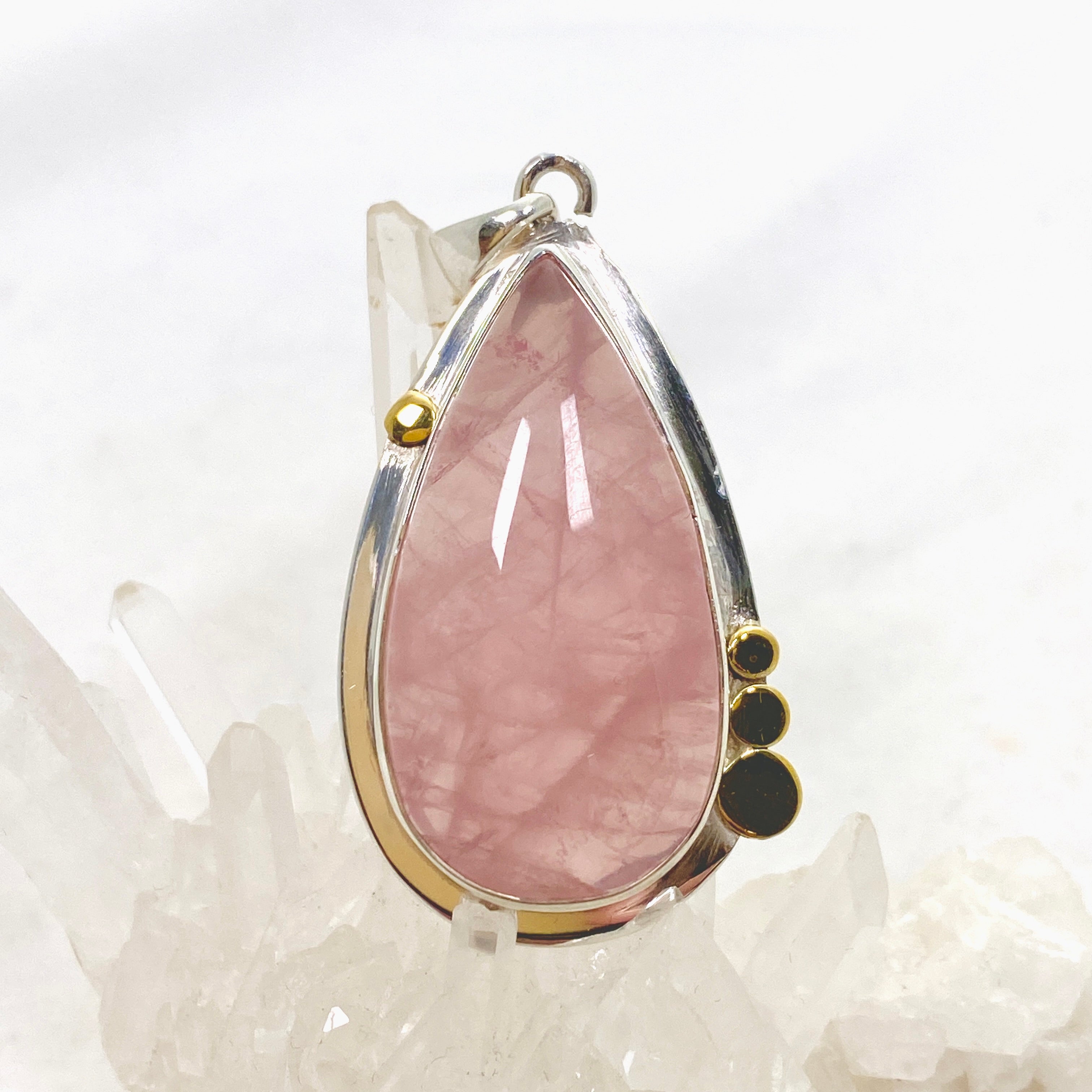 Rose Quartz Teardrop Cabochon Pendant Necklace with Decorative Sterling Silver Setting KPGJ4687 - Perfect for Meditation, Healing & Spiritual Jewelry Gifts