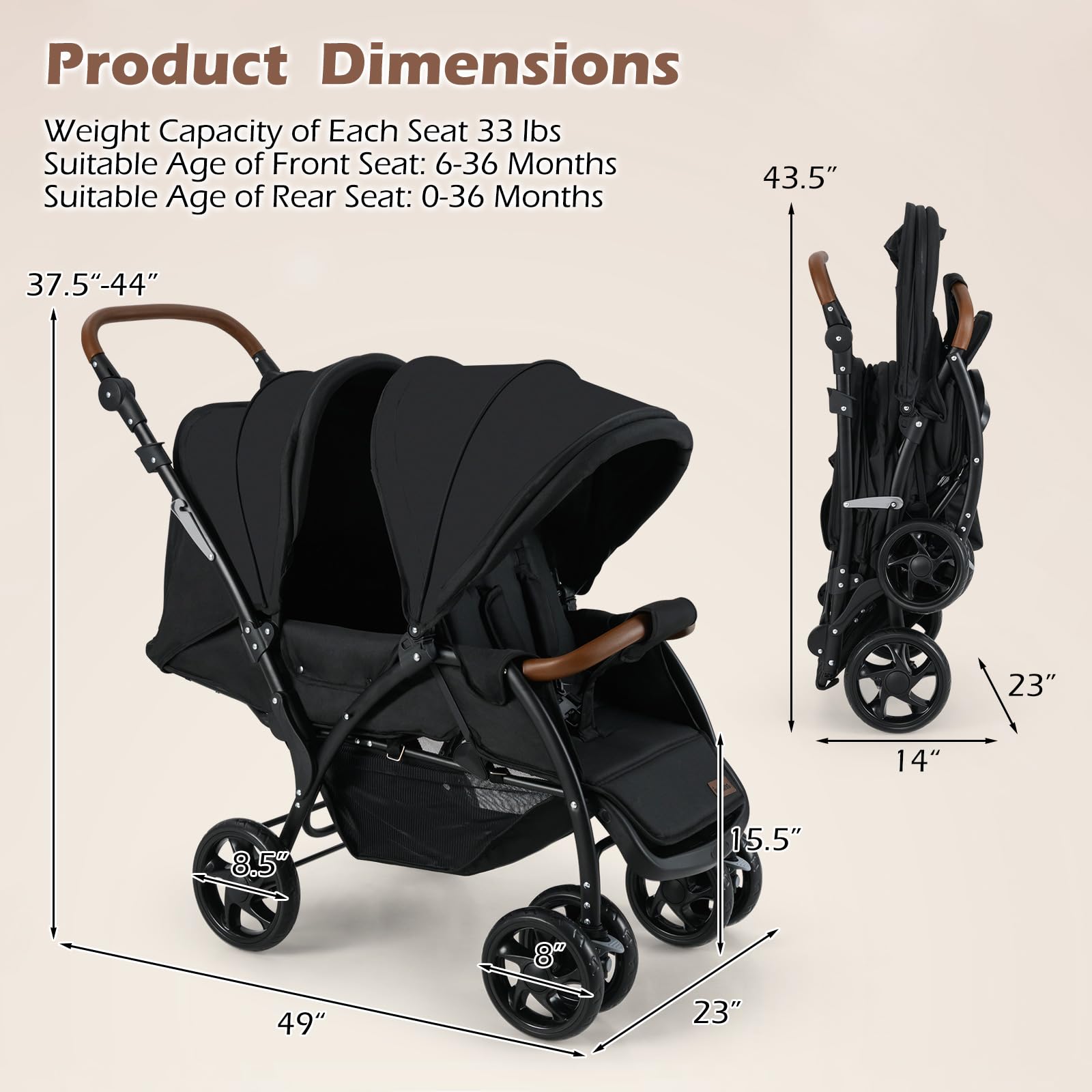 INFANS Double Stroller - Foldable Tandem Baby Stroller with Adjustable Backrest, Canopy & Footrest | 5-Point Safety Harness, Large Storage Basket | Compact Convertible Twin Stroller for Infants & Toddlers | Perfect for Shopping, Travel & Outdoor Walks