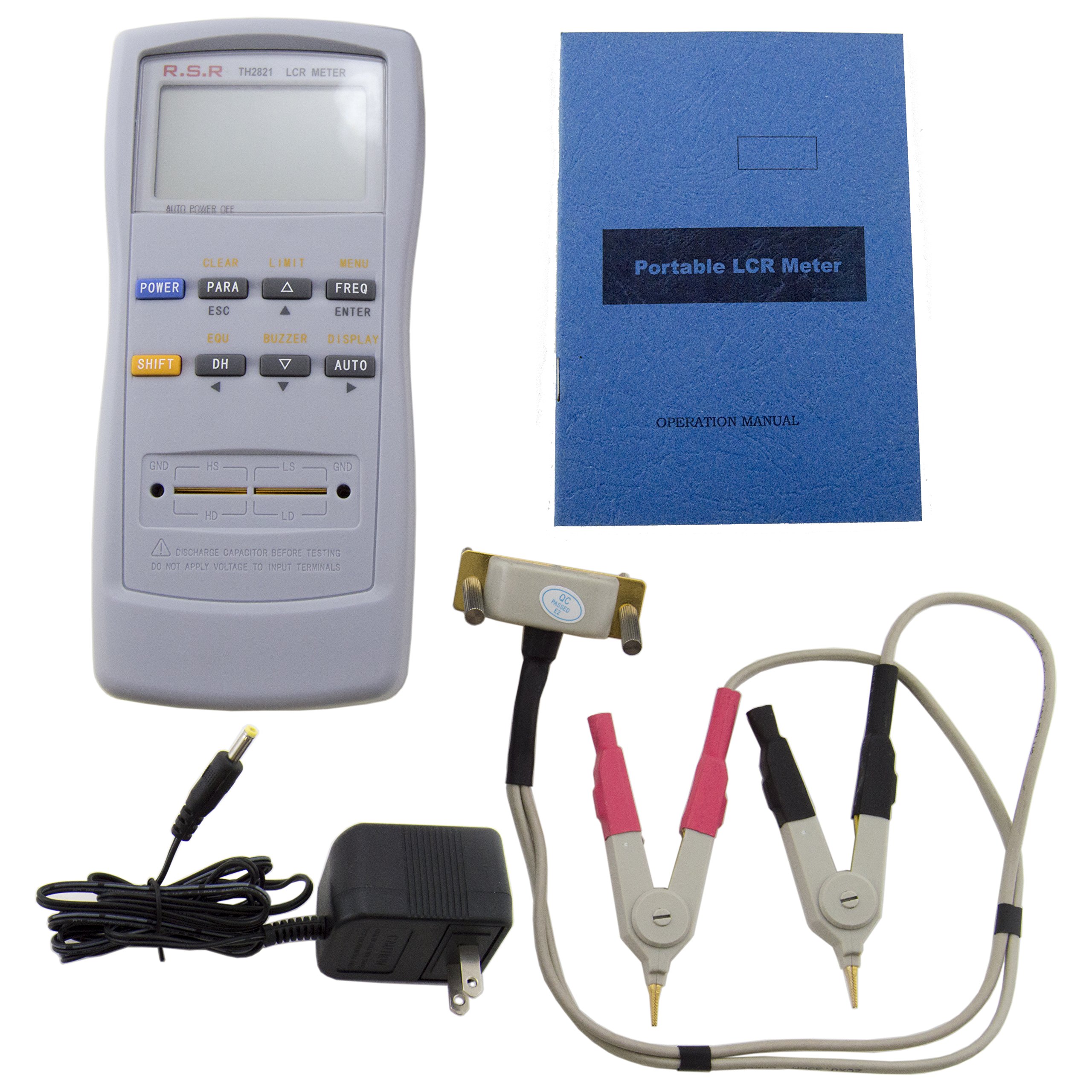 RSR Electronics Digital LCR Meter with 100Hz/120Hz/1KHz Test Frequencies - Measures L/Q, C/D, R/Q, Z/Q Parameters - Includes Kelvin Test Clips & DC Adapter - Ideal for Electronics Testing, Circuit Analysis and Component Measurement