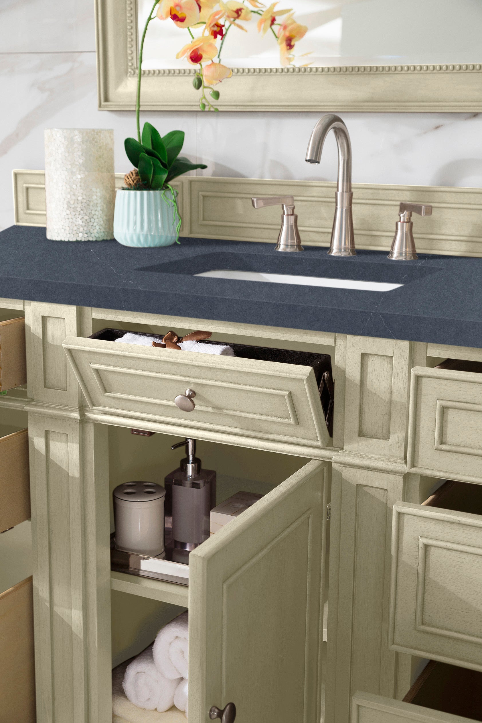 Bristol 60 Inch Single Bathroom Vanity with 3CM Charcoal Soapstone Quartz Top in Vintage Vanilla - Perfect for Modern Farmhouse, Coastal, or Traditional Bathroom Designs