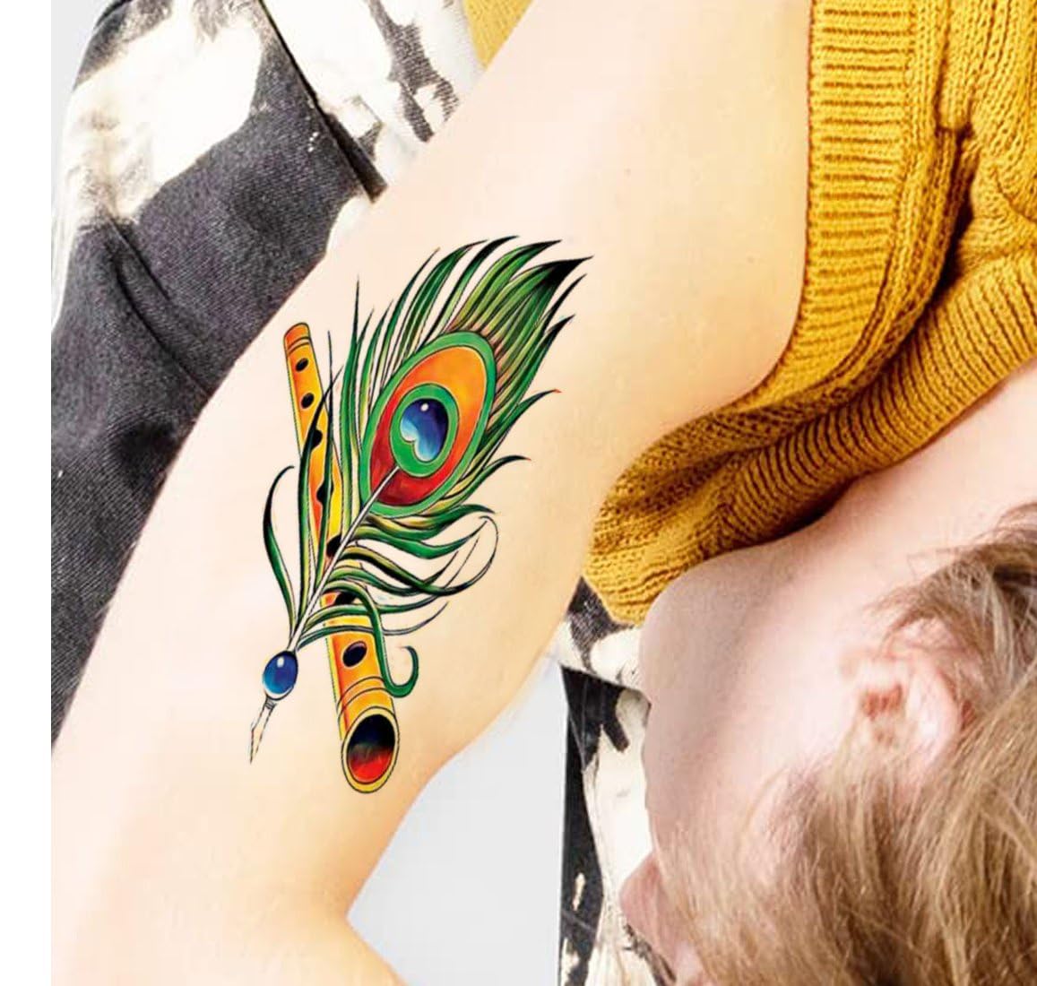 Peacock Feather with Flute Temporary Tattoo - Waterproof Fake Body Art for Men & Women | Festival, Cosplay, Halloween Costume Accessory