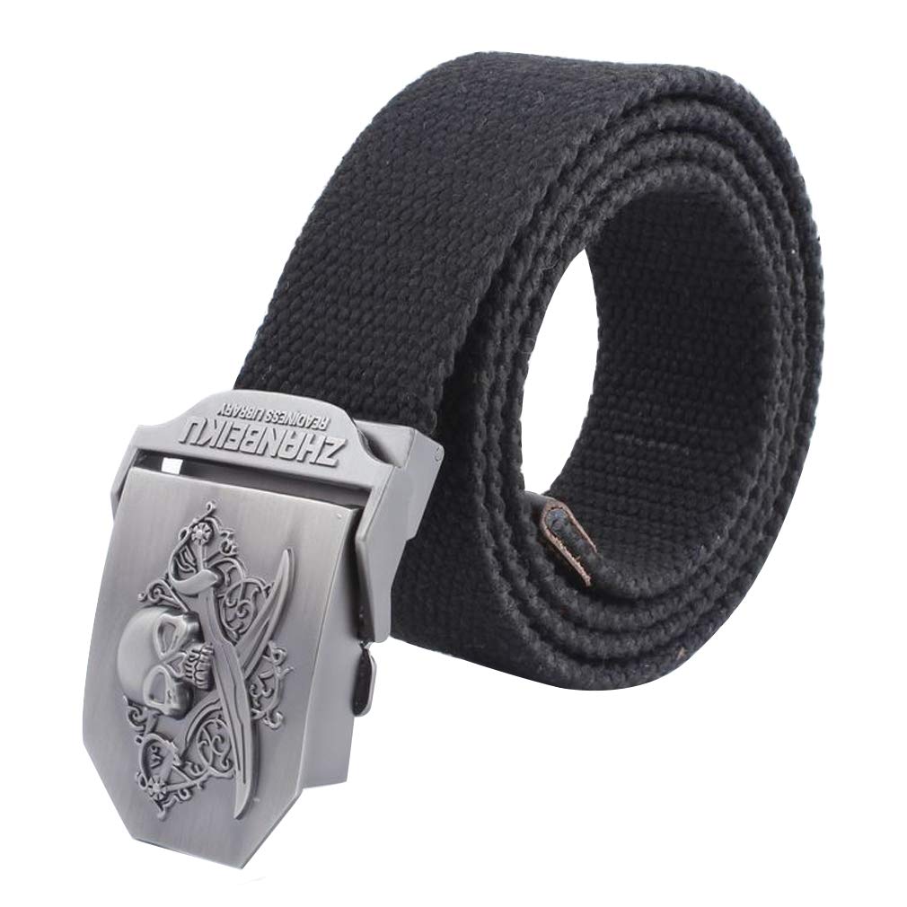LKMY Men's Tactical Belt - Military Grade Nylon Canvas with Skull/Sword Buckle - Adjustable & Breathable for Outdoor, Hiking, EDC & Everyday Wear