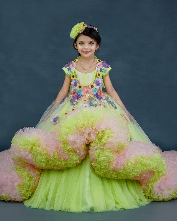 Pre Order: Light Neon Green & Powder Pink Floral Theme Gown - Elegant Prom, Wedding & Special Occasion Dress