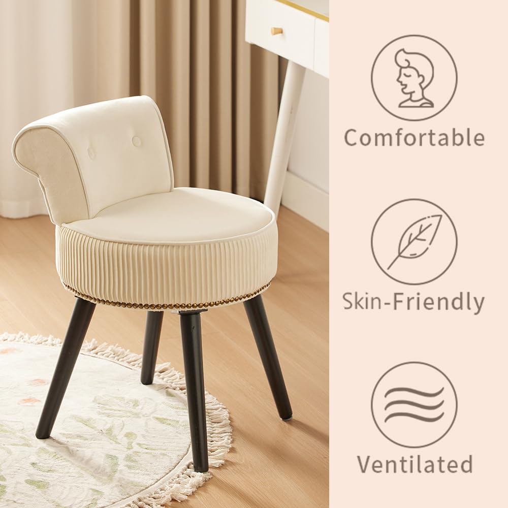 White Velvet Vanity Stool with Back - Tufted Makeup Chair for Women, Small Accent Chair for Dressing Table, Perfect for Bedroom Vanity, Boudoir & Beauty Salon