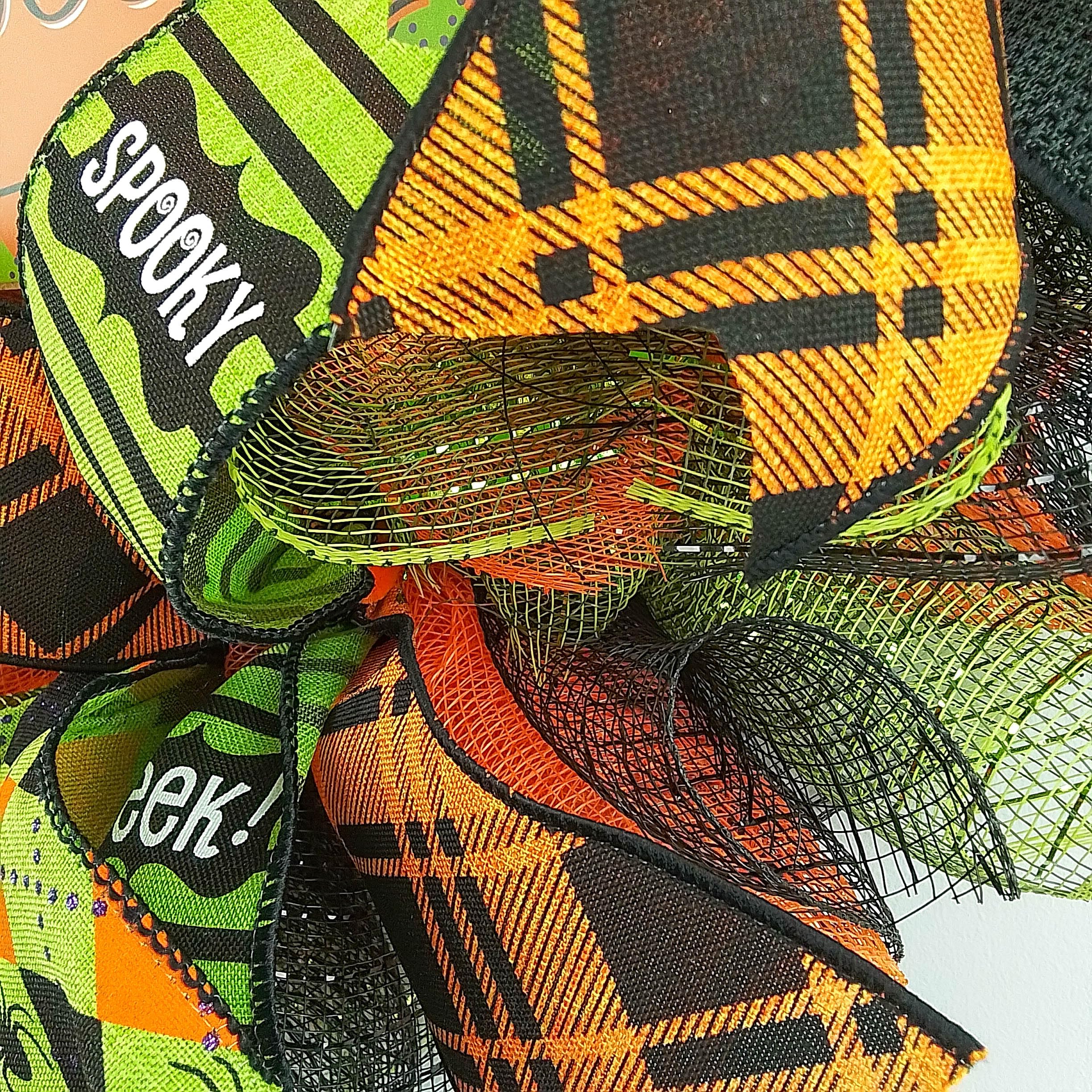 Happy Halloween Wreaths - Mesh Outdoor Front Door Decor in Black, Orange, Purple & Lime Green | Spooky Fall Porch Decoration for Home & Party