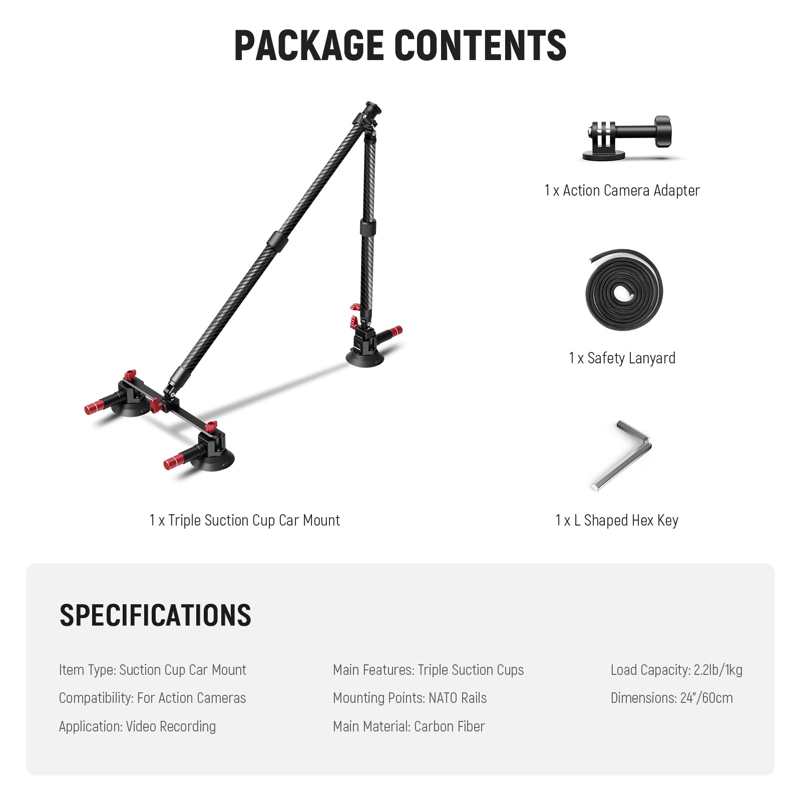 NEEWER CA136 Triple Suction Cup Extension Pole Car Mount Kit - Universal Smartphone Holder for Dash Cam, GPS, Phone - Perfect for Road Trips, Vlogging & Hands-Free Driving