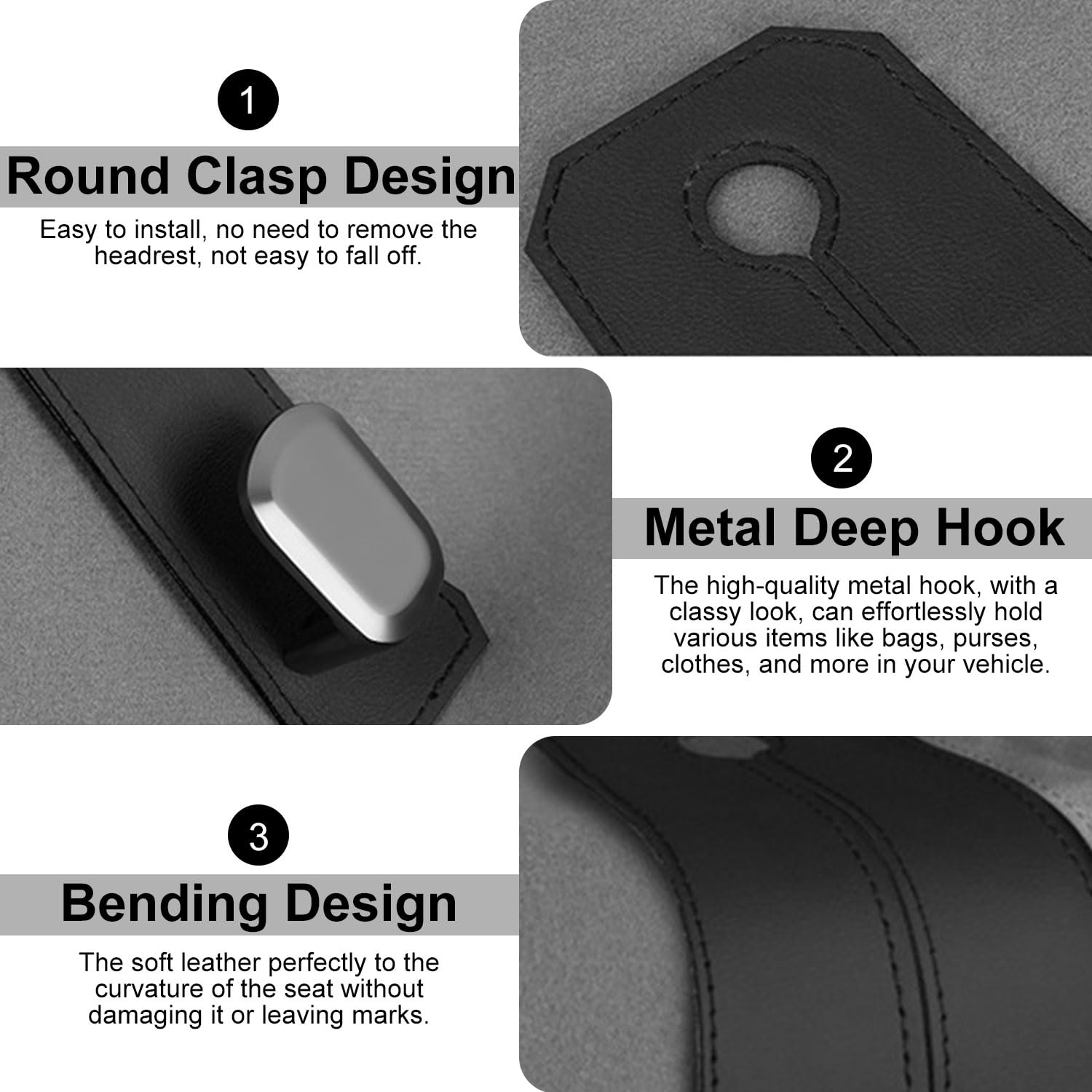 Elegananccy 2 Pack Premium Leather Car Seat Headrest Hooks - Heavy Duty Purse Hanger & Bag Holder for Women - Car Organizer Accessories for Handbags, Groceries & Shopping Bags (Black) - Perfect for Road Trips, Commuting & Daily Errands