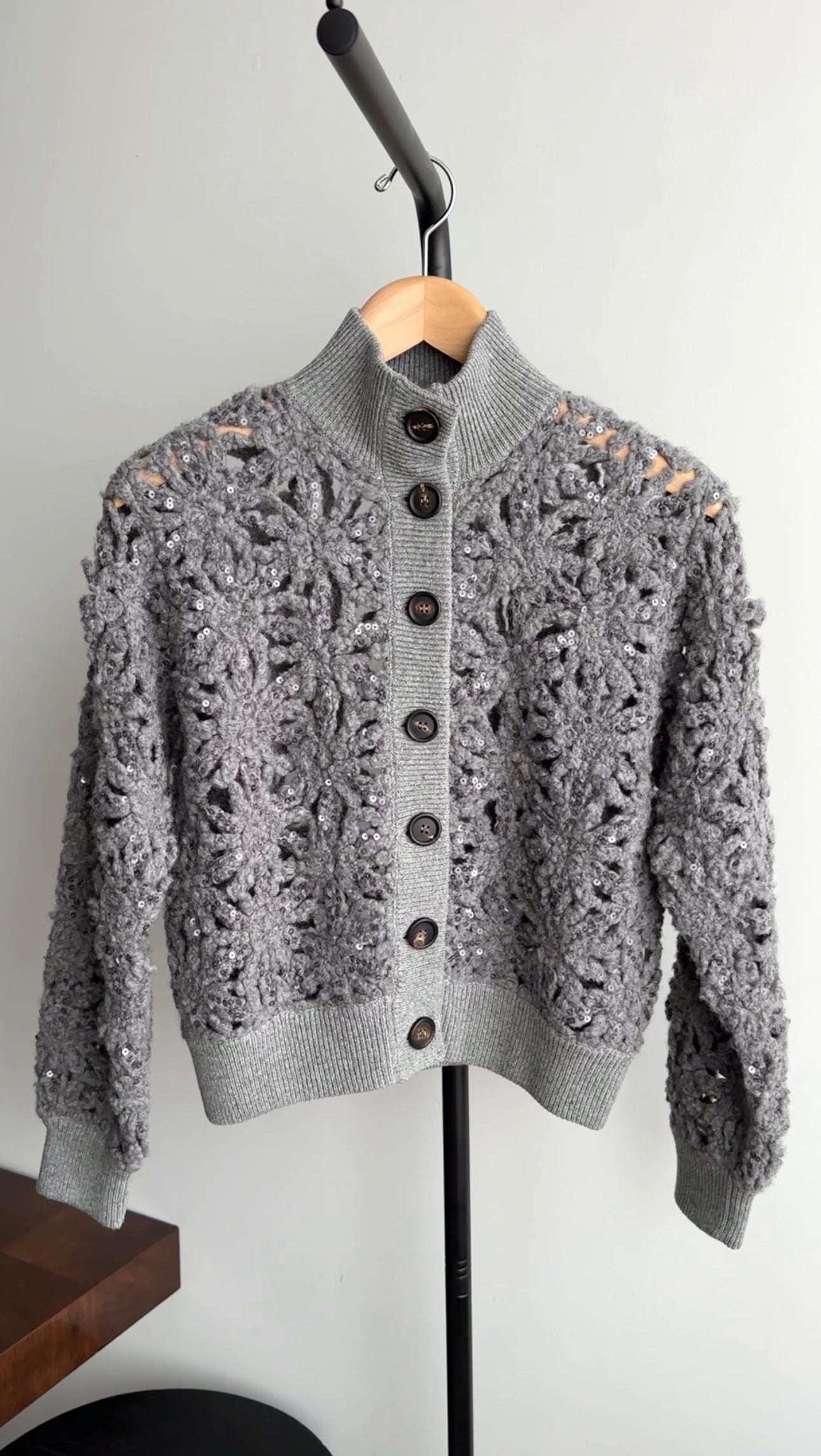 Brunello Cucinelli Grey Open Knit Sequin Short Cardigan Sweater for Women Size S (4/6) - Perfect for Casual Outings, Date Nights & Special Occasions