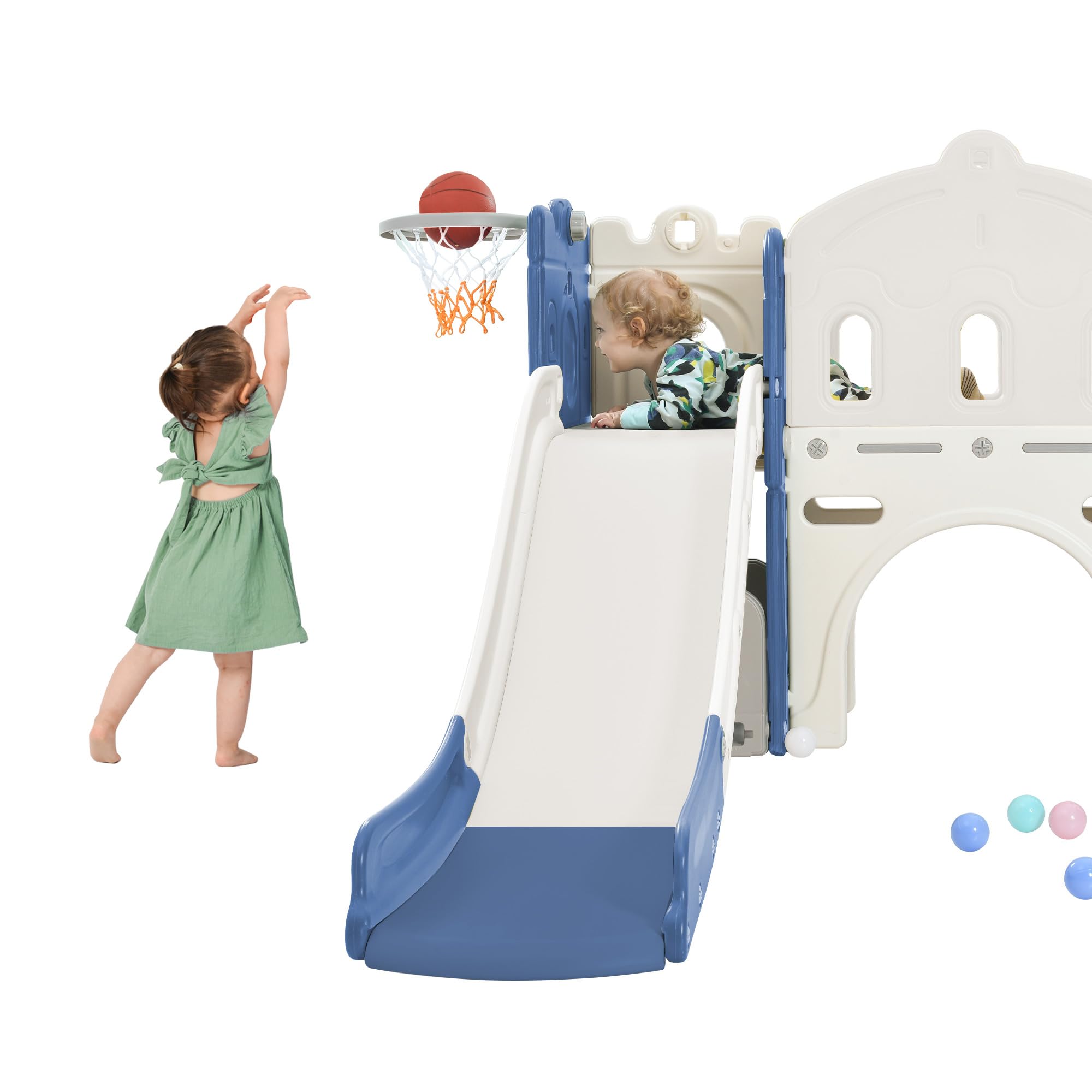 6-in-1 Kids Slide & Climber Playset with Basketball Hoop, Tunnel & Storage - Indoor/Outdoor Toddler Playground Equipment for Backyard, Playroom & Daycare Fun