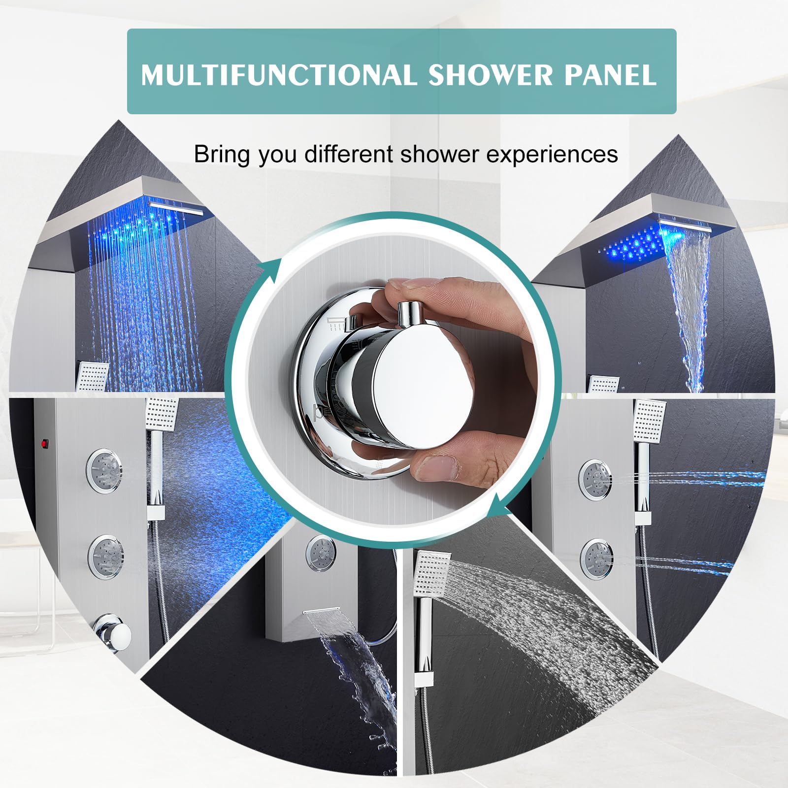 6 in 1 LED Rainfall Shower Panel Tower System with Waterfall Shower Head, 2 Mode Body Jets, Handheld Shower & Tub Spout - Stainless Steel Shower Column with Brushed Finish for Luxurious Bathroom Upgrade & Spa Experience at Home