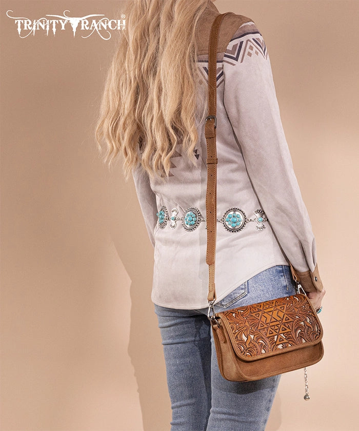 Trinity Ranch Aztec Tooled Leather Crossbody Purse for Women - Stylish Boho Handbag for Everyday Use, Travel & Casual Outings