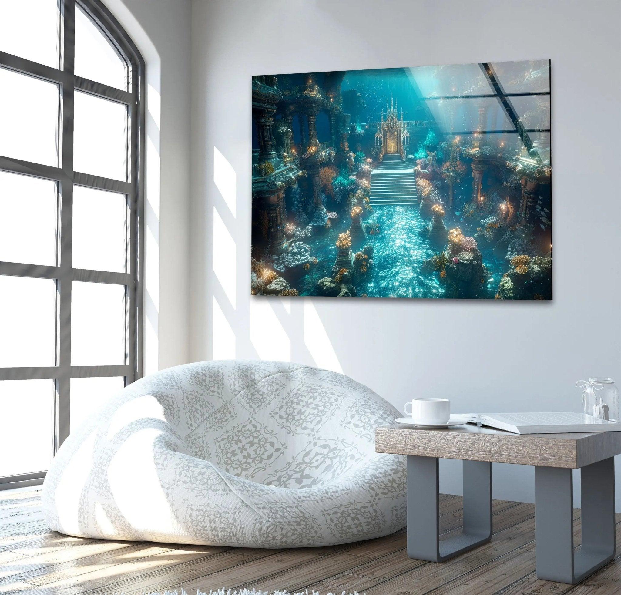Atlantis Place Glass Wall Art - Stunning Ocean-Themed Decor for Living Room, Bedroom & Office | Handmade Glass Mural for Home & Office Decor