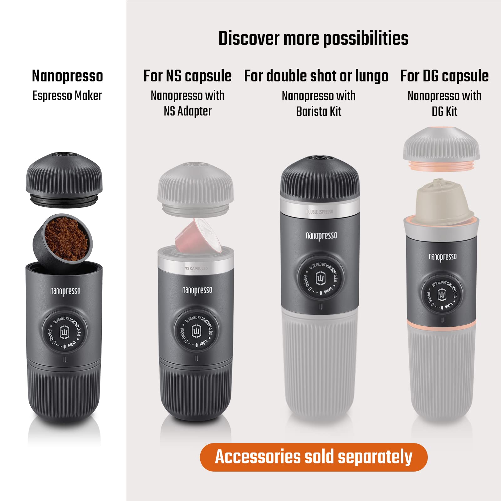 WACACO Nanopresso Portable Espresso Machine - 18 Bar Pressure Handheld Coffee Maker with Protective Case | Manual Operation for Travel, Camping & Office Use (Dark Soul Grey)