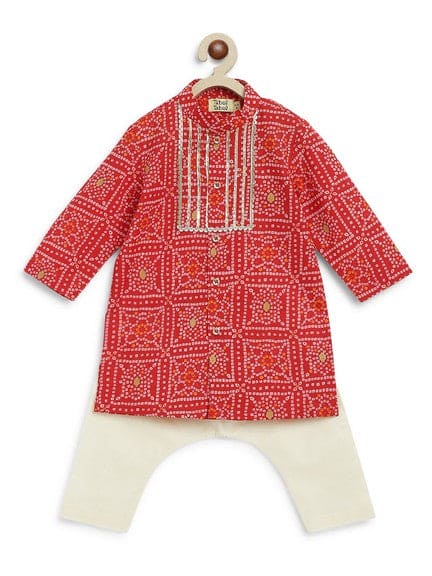 Baby Boy Bandhani Print Cotton Kurta Set - Red Ethnic Indian Outfit for Festivals & Special Occasions