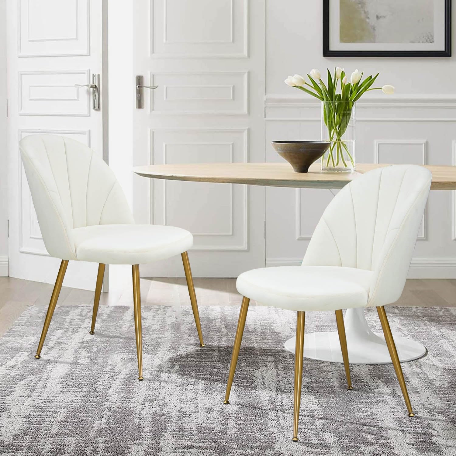 X-VOLSPORT Velvet Dining Chairs Set of 2 - Modern Accent Chairs for Living Room, Bedroom & Office - Armless Vanity Chairs with Gold Metal Legs - Beige Upholstered Seating for Home Decor, Guest Reception & Dining Area