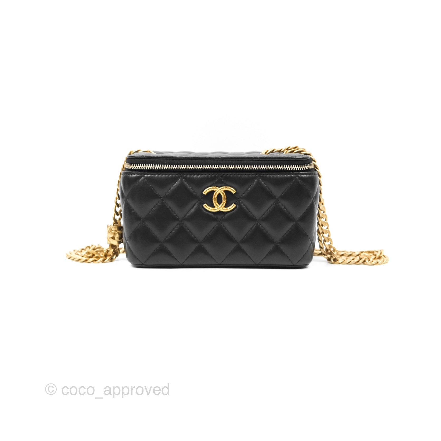 Chanel Adjustable Chain Black Lambskin Vanity Bag with Aged Gold Hardware - Perfect for Evening Events, Parties & Luxury Fashion Accessories