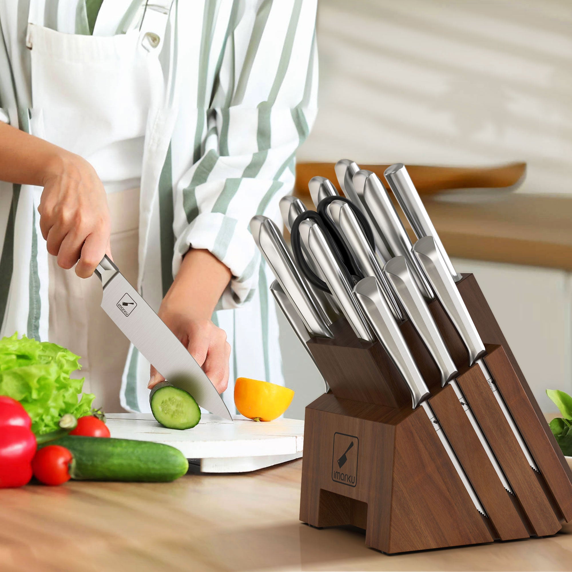 16-Piece Razor Sharp Japanese Stainless Steel Knife Set with Wooden Block - Professional Kitchen Knives for Chefs & Home Cooking, Perfect for Slicing, Dicing, and Food Prep