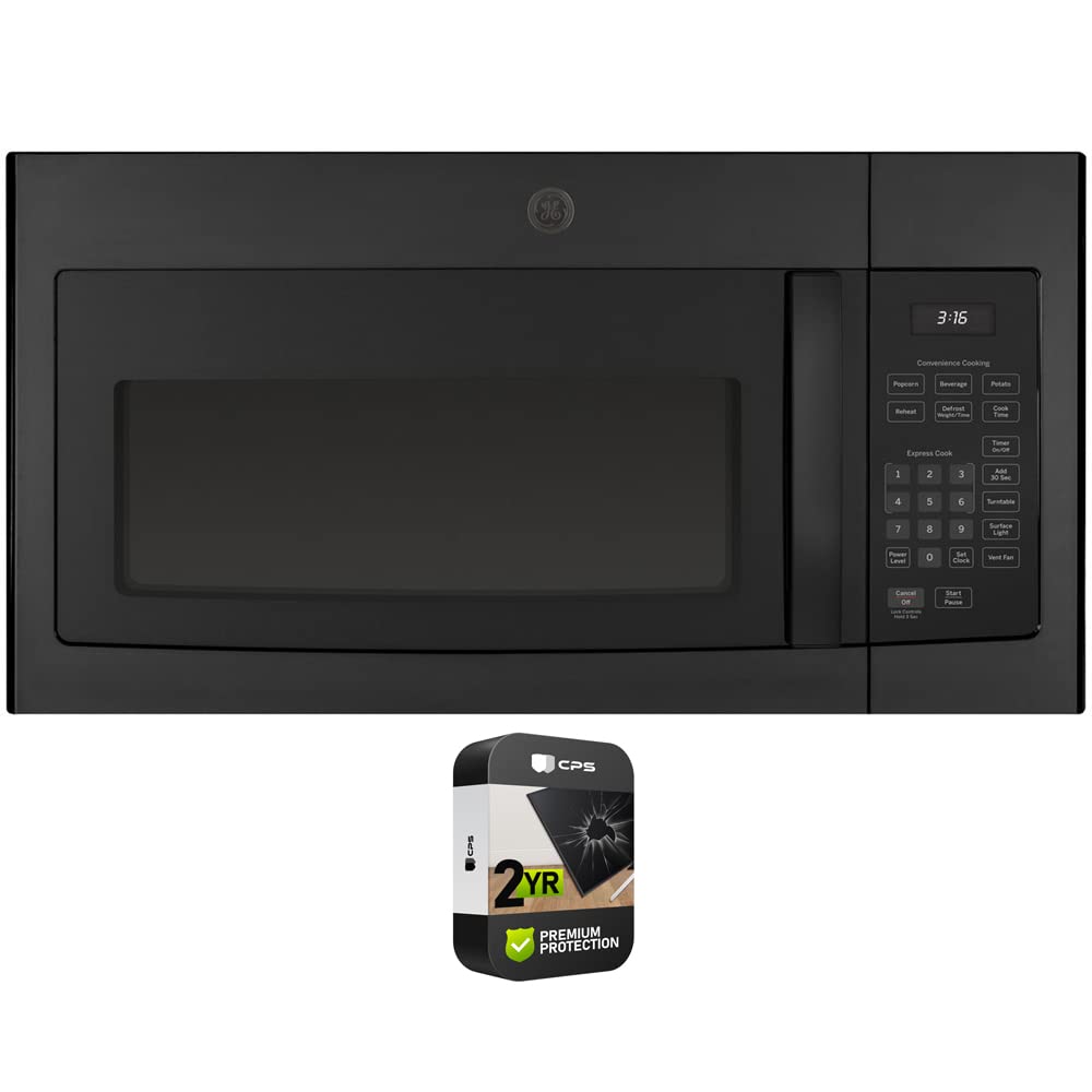 GE JVM3160DFBB 1.6 Cu. Ft. Over-the-Range Microwave Oven in Black with 2-Year CPS Protection Pack - Perfect for Kitchen Remodeling and Small Space Cooking