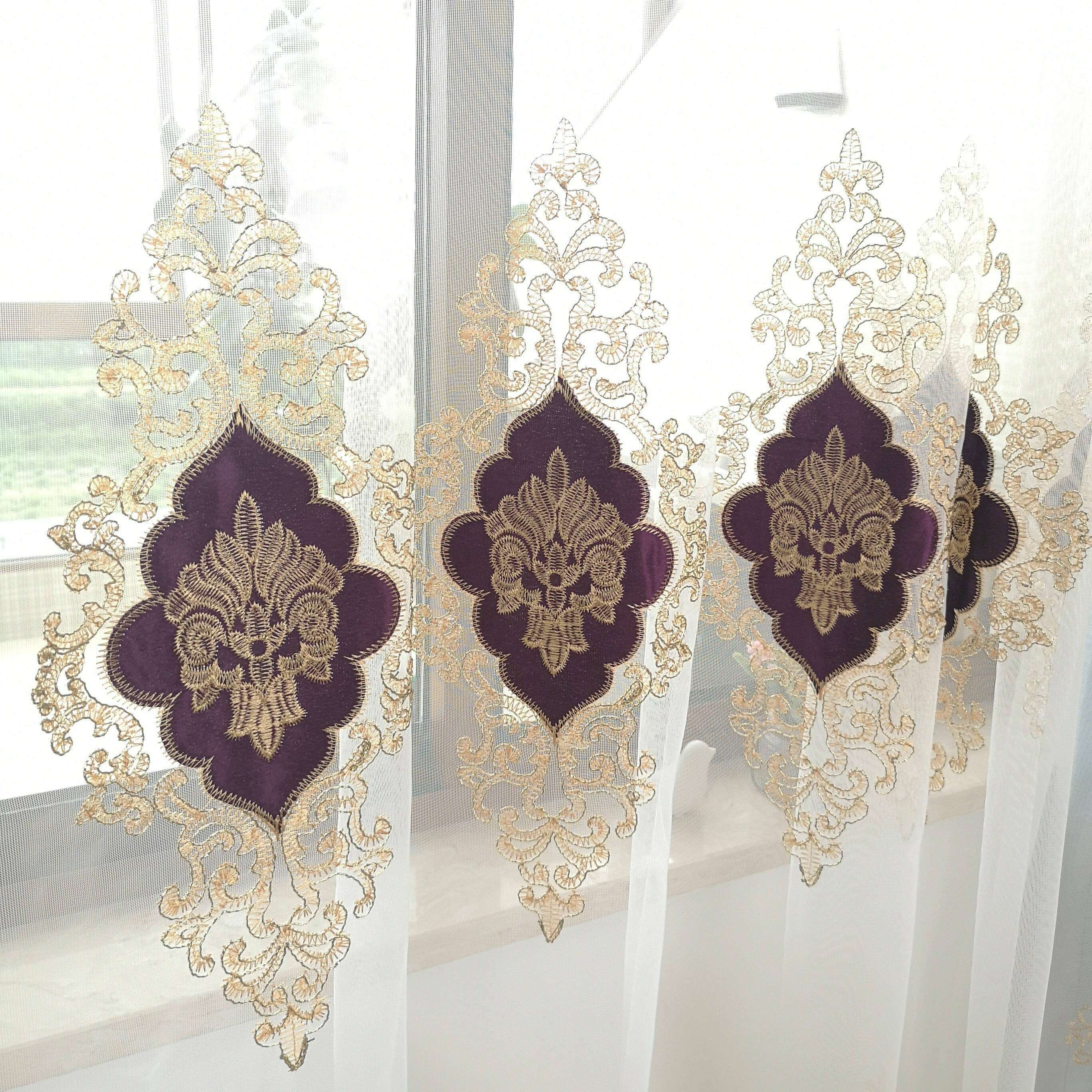 Brittany Velvet Embroidered White Sheer Purple Curtains - Elegant Window Drapes for Living Room, Bedroom & Home Decor