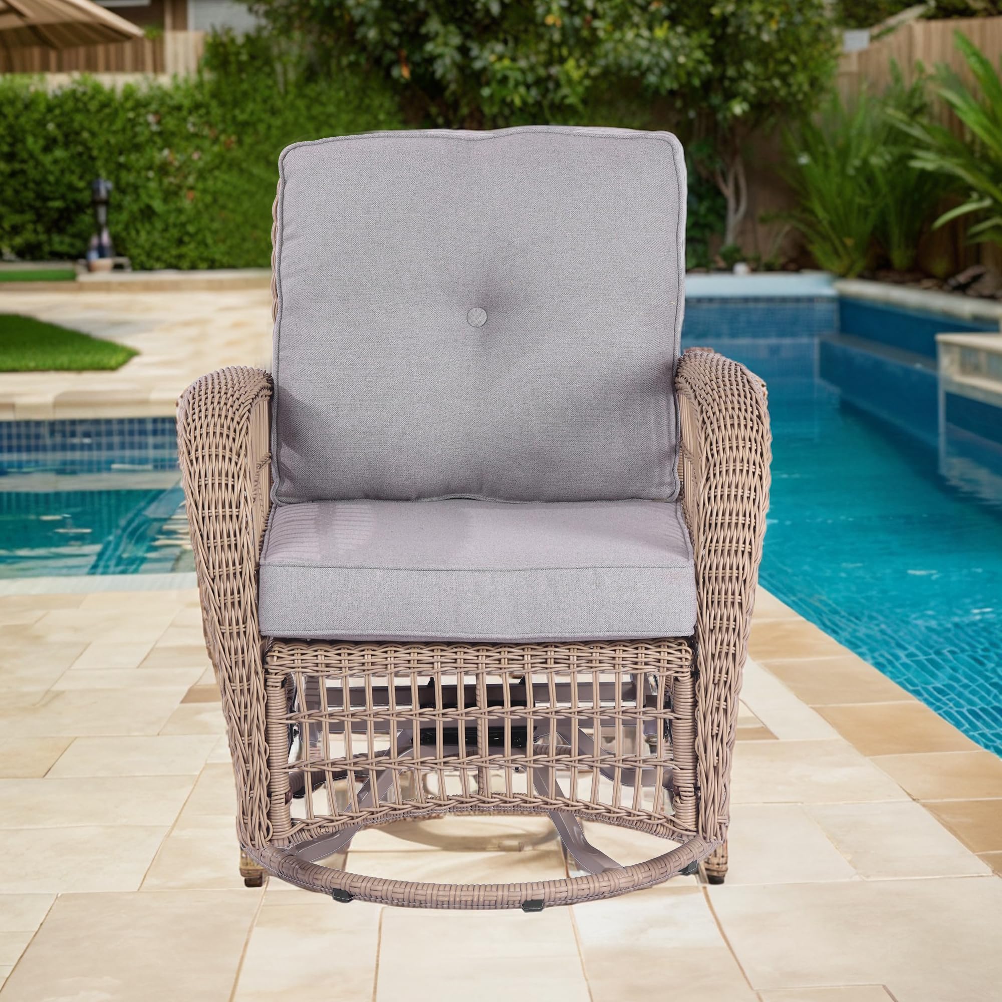 Swivel Wicker Outdoor Lounge Chair with Gray Cushion - Weather-Resistant PE Rattan Rocking Chair for Patio, Porch, Sunroom, Deck & Backyard - Perfect for Relaxing, Sunbathing and Outdoor Entertaining