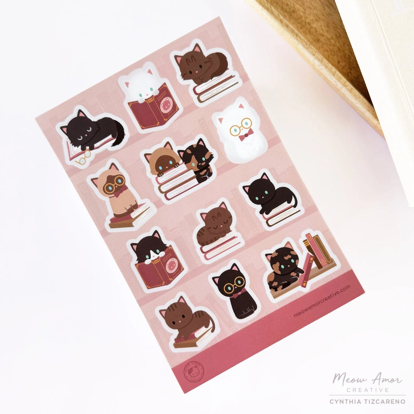 Blush Book Cats Vinyl Sticker Sheet - Cute Kawaii Cat Stickers for Planners, Journals, Scrapbooks & DIY Crafts - Waterproof Decorative Stickers for Laptops, Phones, Notebooks