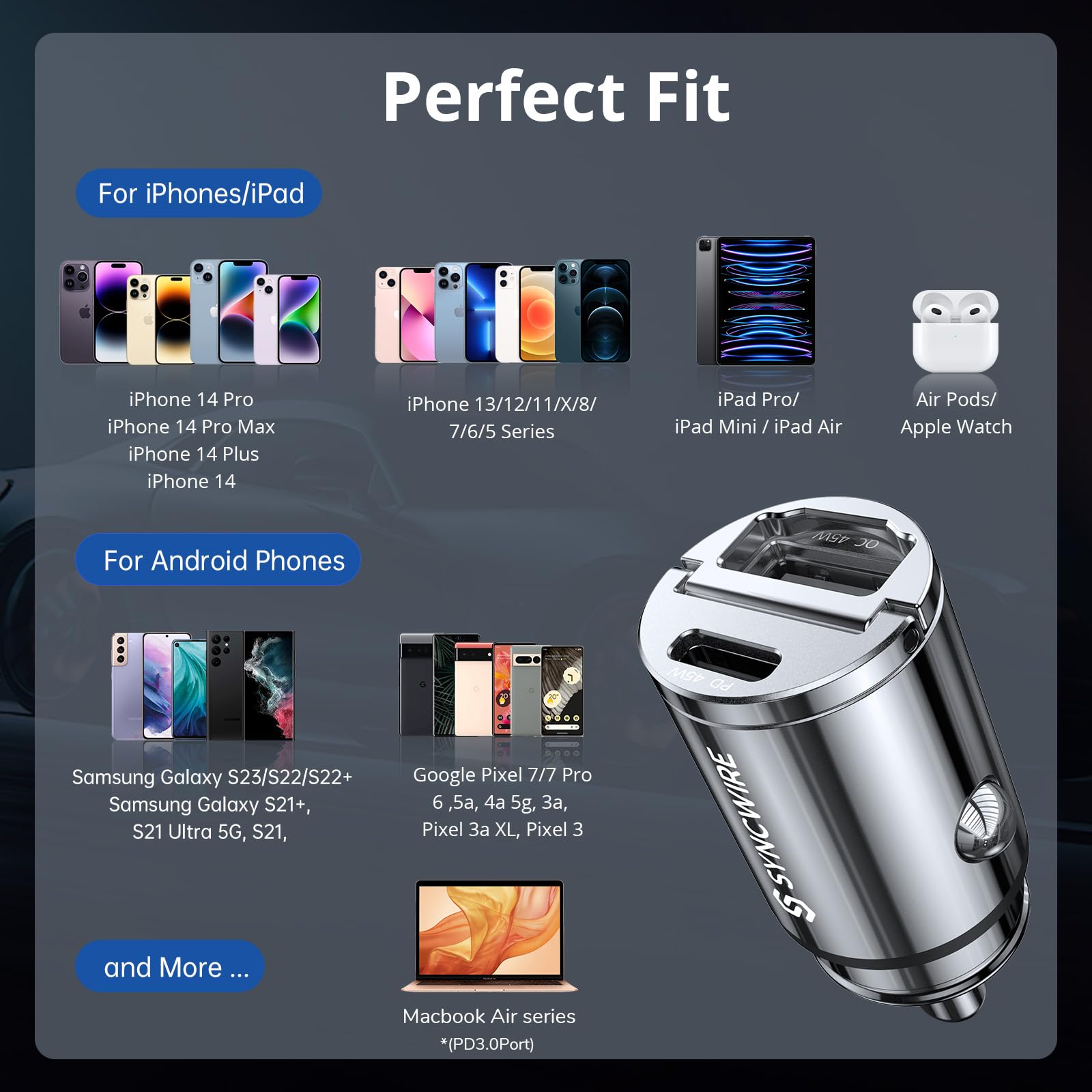 Syncwire 90W USB C Car Charger with PD 45W & QC 45W Fast Charging - Super Mini All-Metal Design - Compatible with iPhone 15/14/13/12, Samsung S23/S22/S21, Pixel, iPad - Perfect for Road Trips & Daily Commute