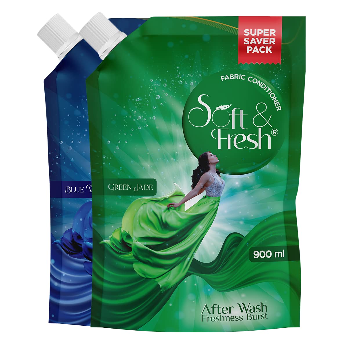 Premium Green Jade & Blue Wave Fabric Softener Refill Pouch - 2X900ml Combo Pack | Ultra-Soft & Long-Lasting Freshness | Ideal for Laundry, Bedding & Baby Clothes | Hypoallergenic & Eco-Friendly Formula