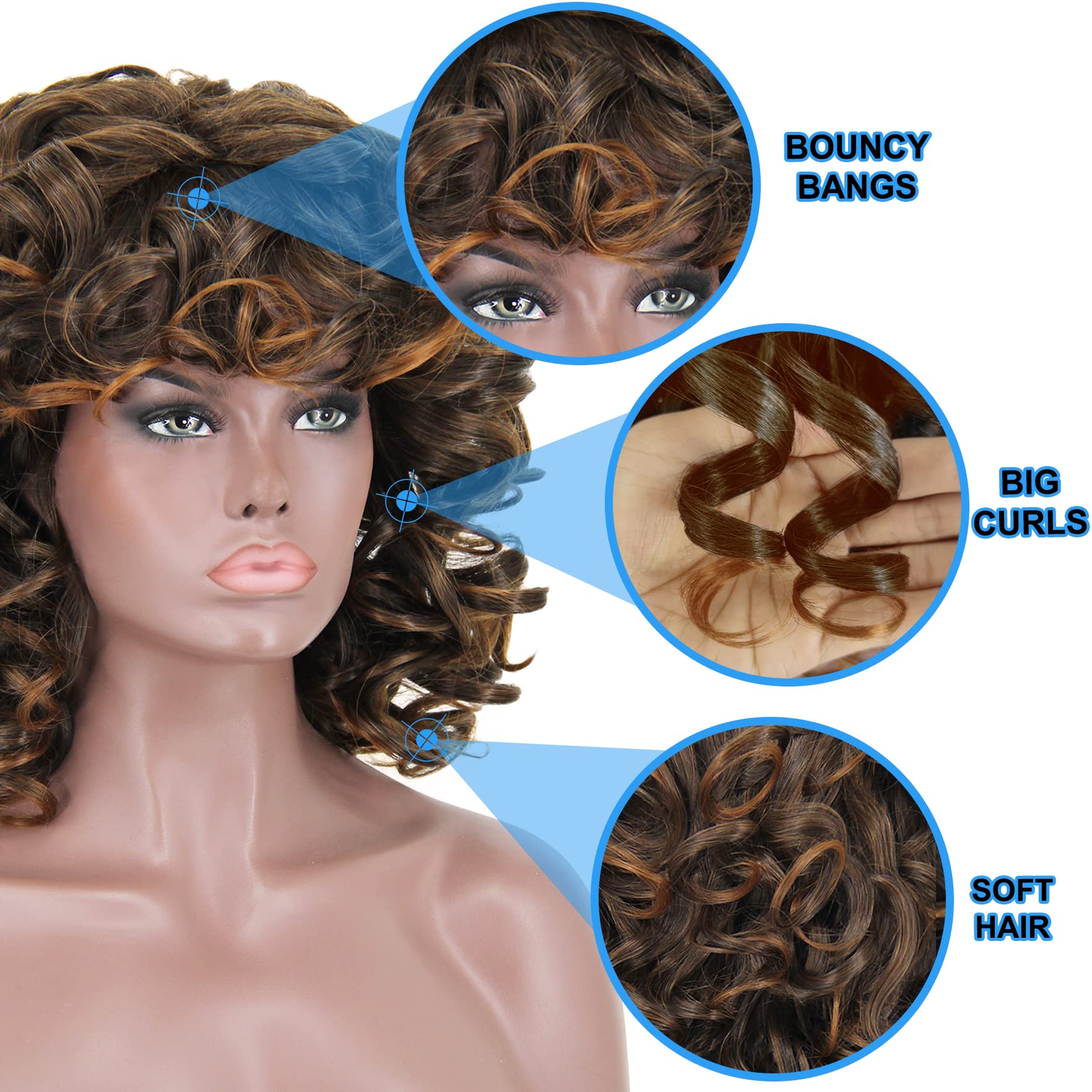 KEAT Short Big Curly Kinky Wigs for Black Women - Afro Wavy Mixed Brown Synthetic Wig with Bangs | Natural-Looking Synthetic Hair for African American Women | Perfect for Daily Wear, Cosplay & Special Occasions