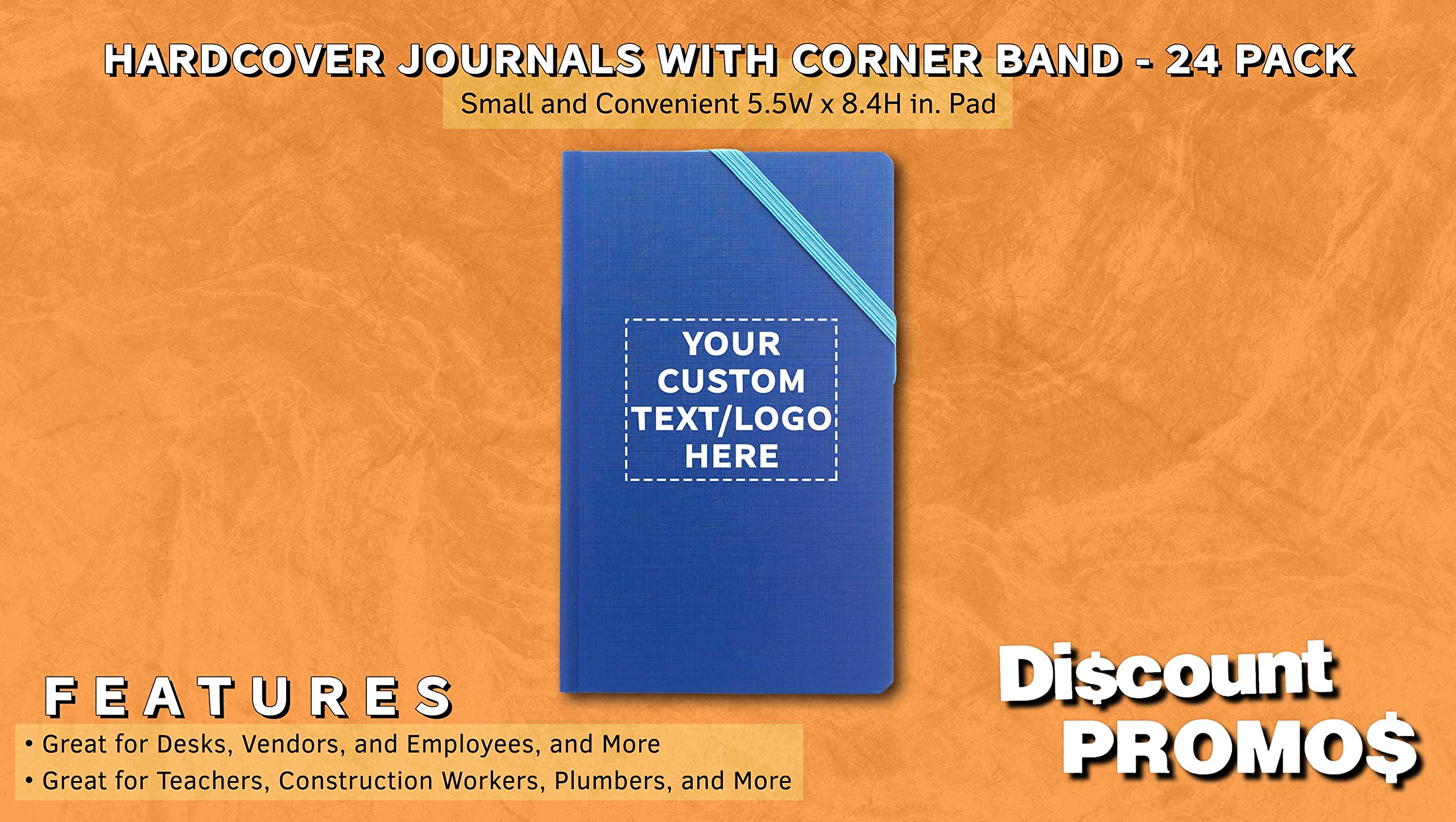 24-Pack Hardcover Journals with Customizable Text & Logo - Elegant Medium Size Notebooks with Corner Band - Perfect for Office, School & Travel (Blue)