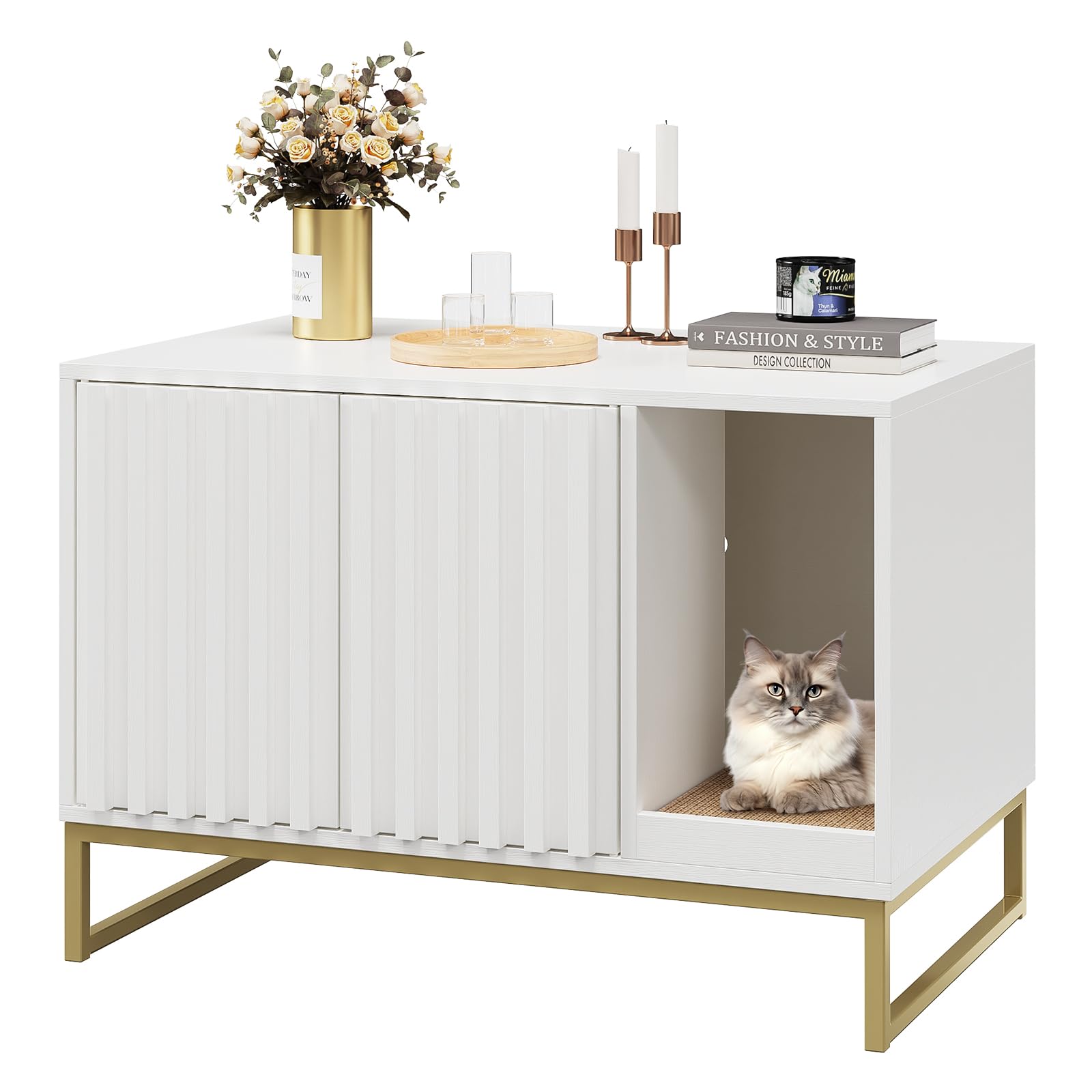 Modern Cat Litter Box Enclosure Furniture - Hidden Litter Box with Scratch Pad, Washroom House End Table & Entryway Bench for Living Room - White | Stylish Pet Furniture for Small Spaces & Home Decor