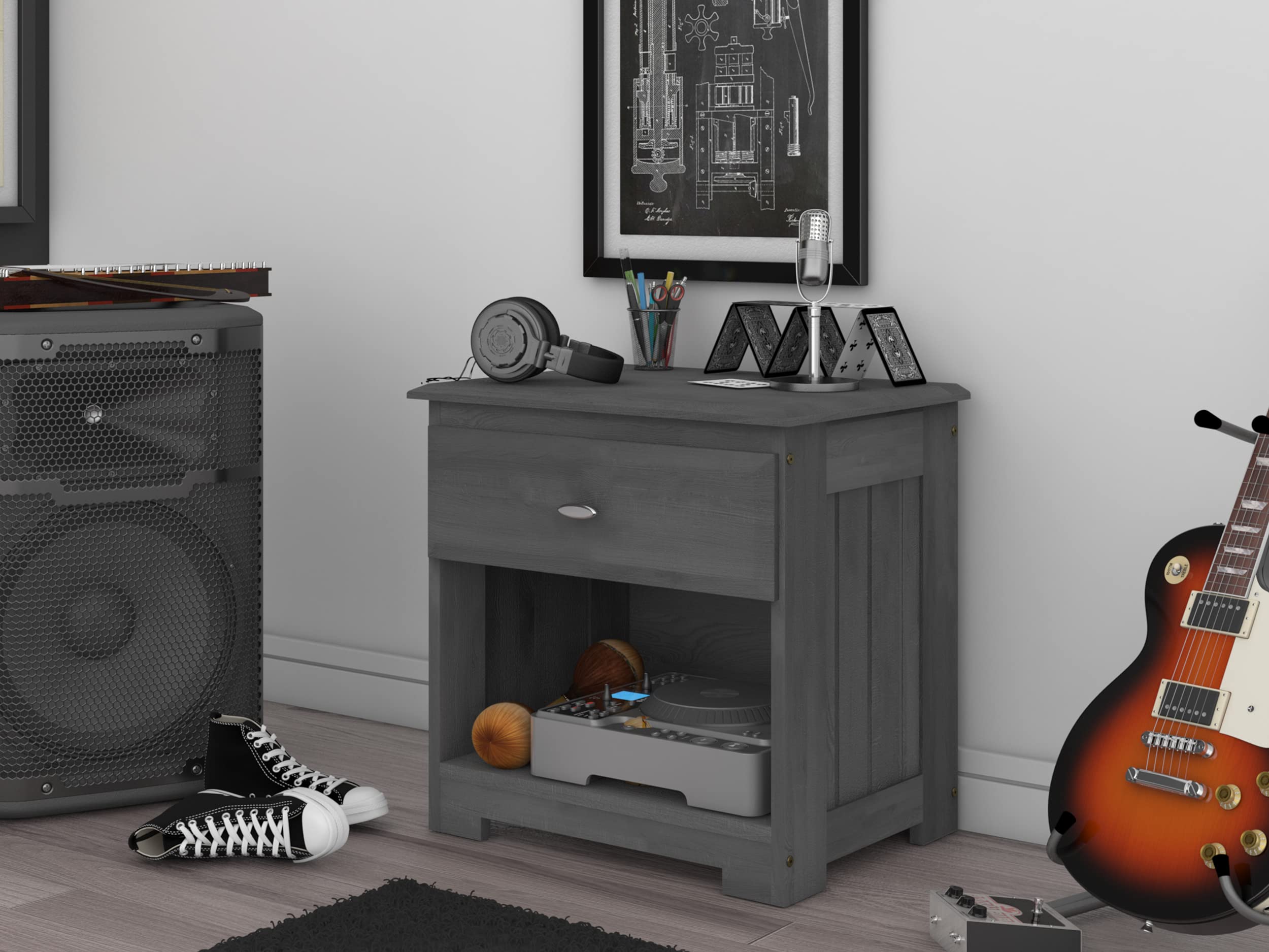 Discovery World Furniture 1 Drawer Nightstand in Charcoal - Modern Bedside Table for Bedroom, Living Room & Guest Room - Compact Storage Solution with Sleek Charcoal Finish