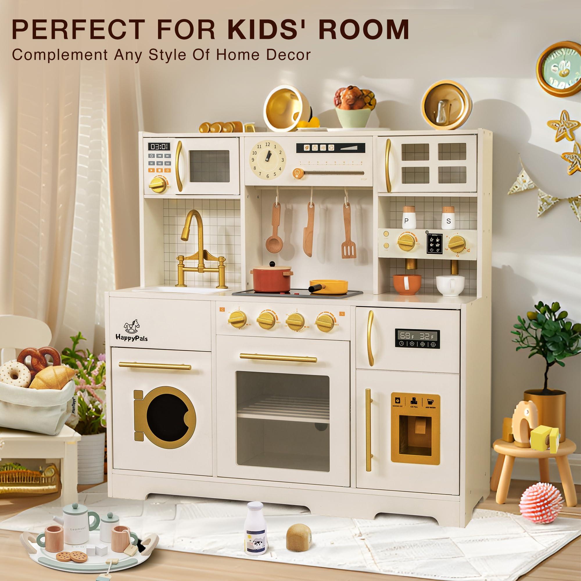 Modern Wooden Play Kitchen Set for Kids - Toy Kitchen with Oven, Ice Maker & Coffee Maker | Pretend Play Cooking Toys for Toddlers 3+ Years | Perfect Gift for Birthday & Christmas | Encourage Imaginative Play in Daycare or Home