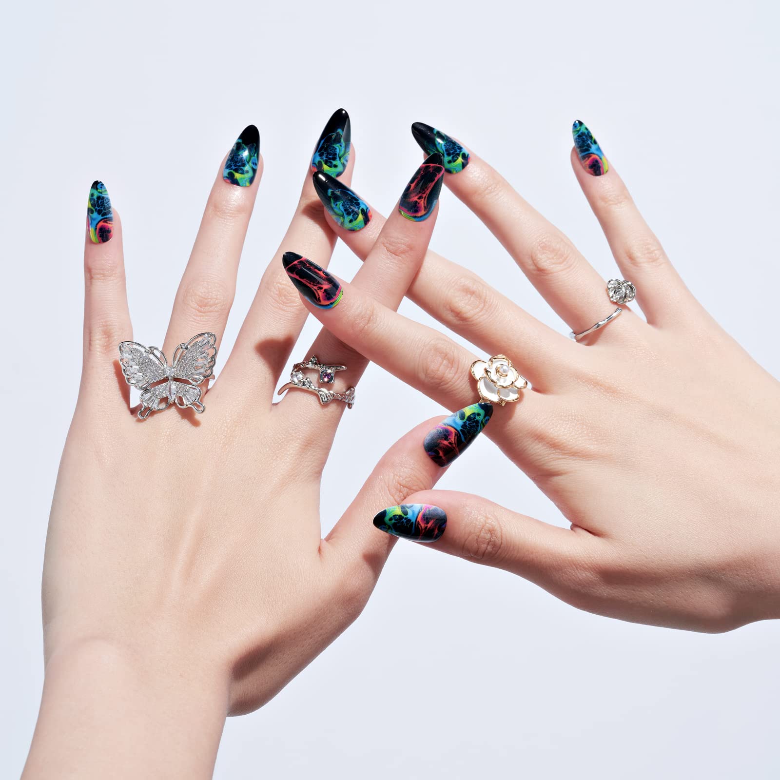 GLAMERMAID Ombre Black Press on Nails - Medium Almond Blue Emo Crush Fake Nails with Gothic Design | Reusable Acrylic False Nail Kit for Women | Perfect for Halloween, Parties, Cosplay & Gothic Fashion