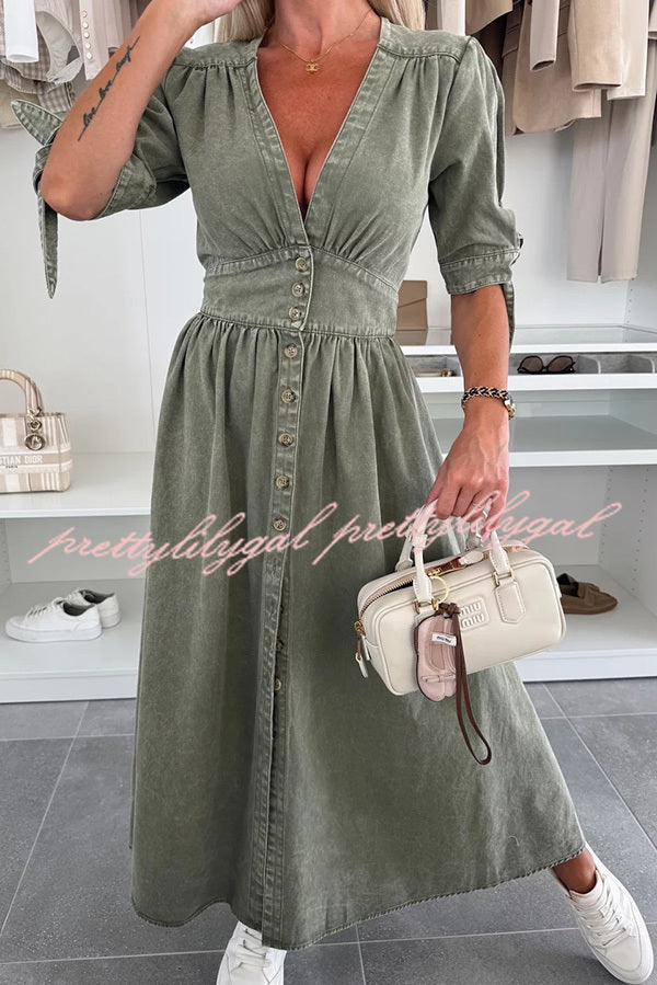 Stylish Solid Color V-Neck Button Down Denim Midi Dress for Women | Casual & Office Wear | Perfect for Spring & Summer Outings